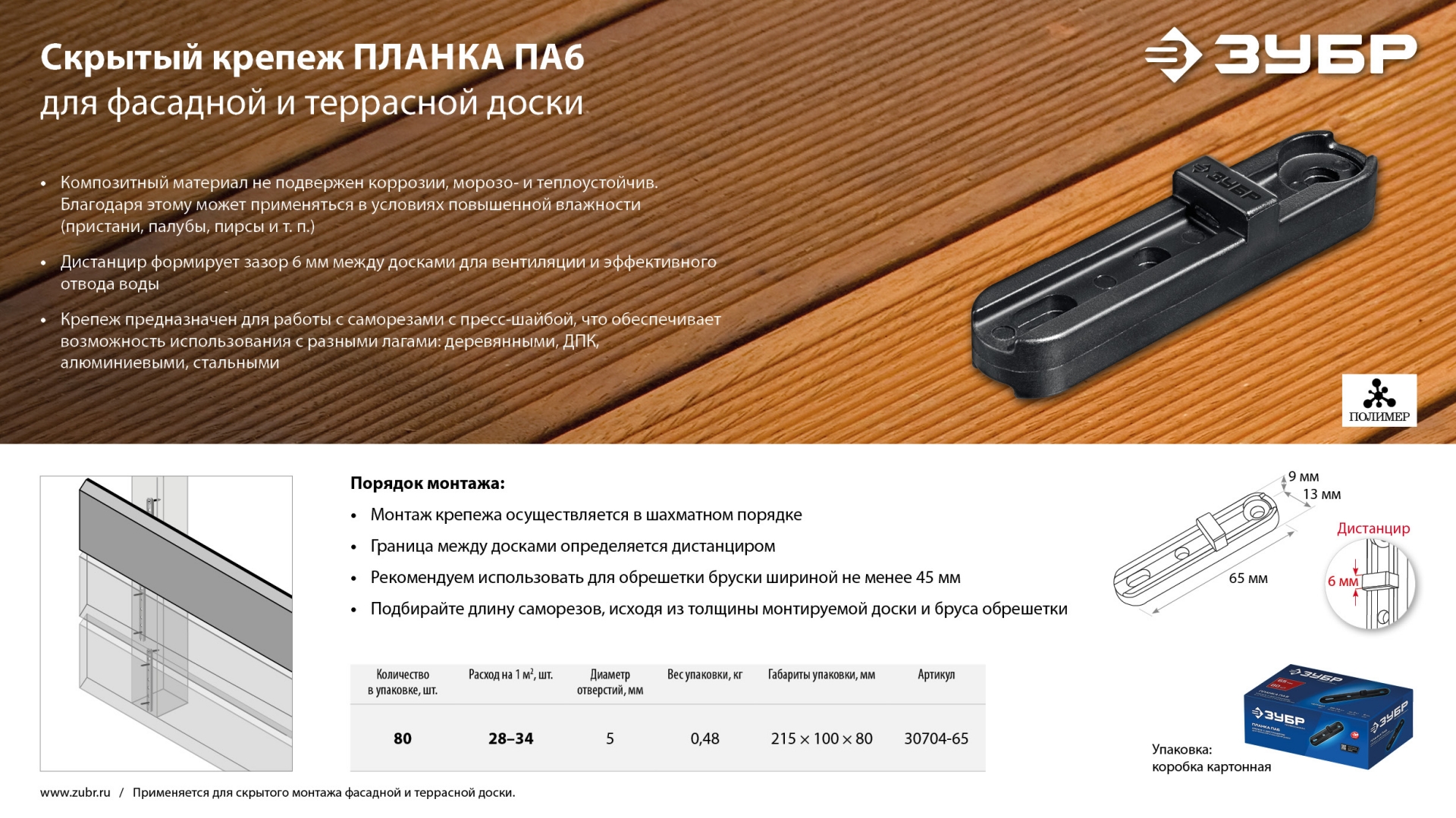 ЗУБР Планка ПА6 65 мм, крепеж для фасадной и террасной доски, композитный материал, 80 шт, Профессионал (30704-65) — фото 9