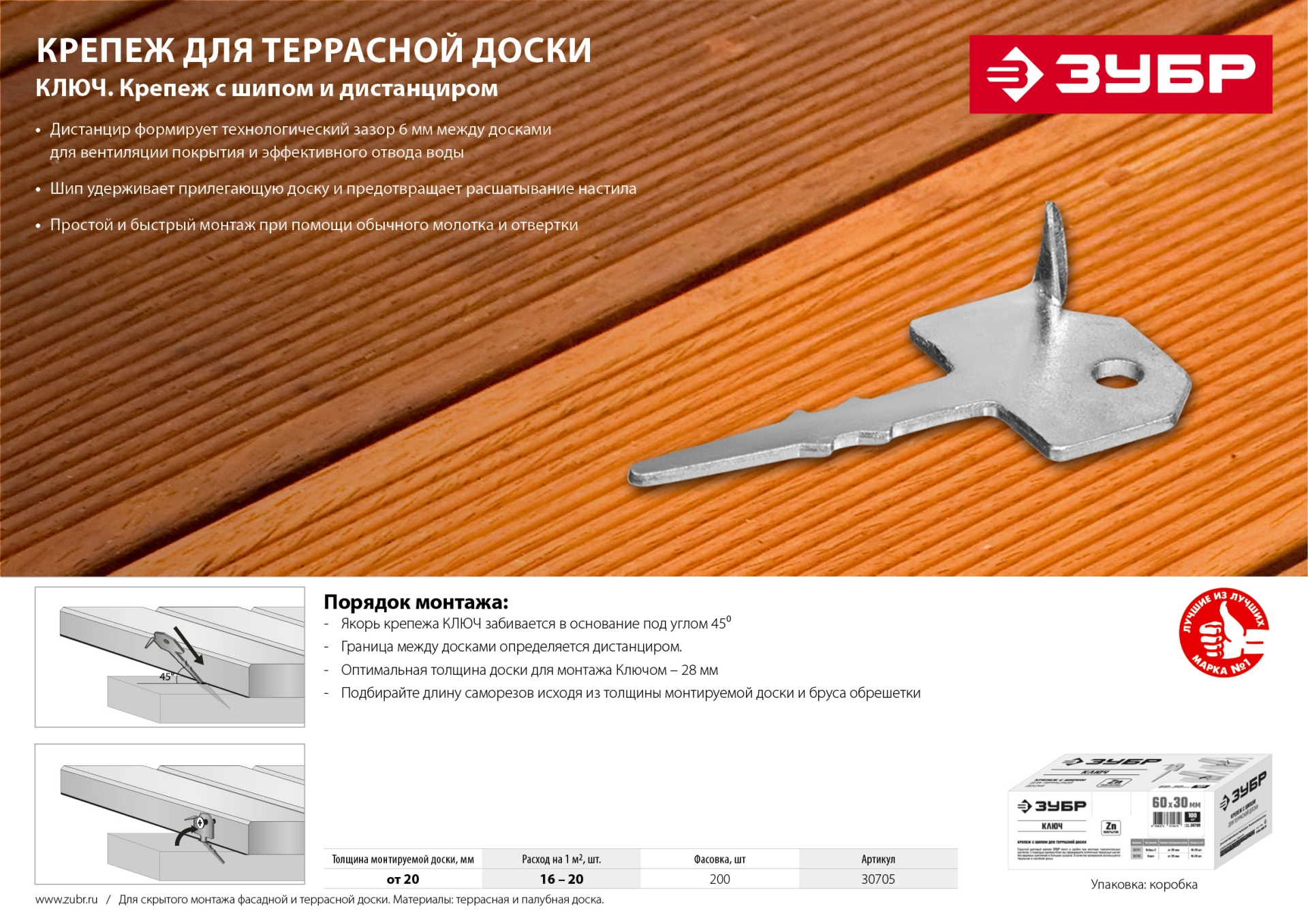 ЗУБР Ключ, 60 x 30 мм, цинк, 200 шт, крепеж с шипом для террасной доски (30705) — фото 8