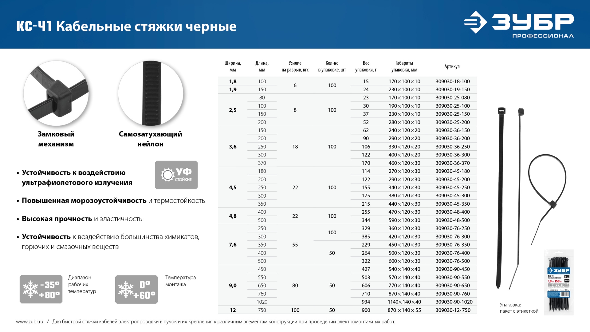 ЗУБР КС-Ч1, 4.5 x 300 мм, нейлон РА66, 100 шт, черные, кабельные стяжки, Профессионал (309030-45-300) — фото 4