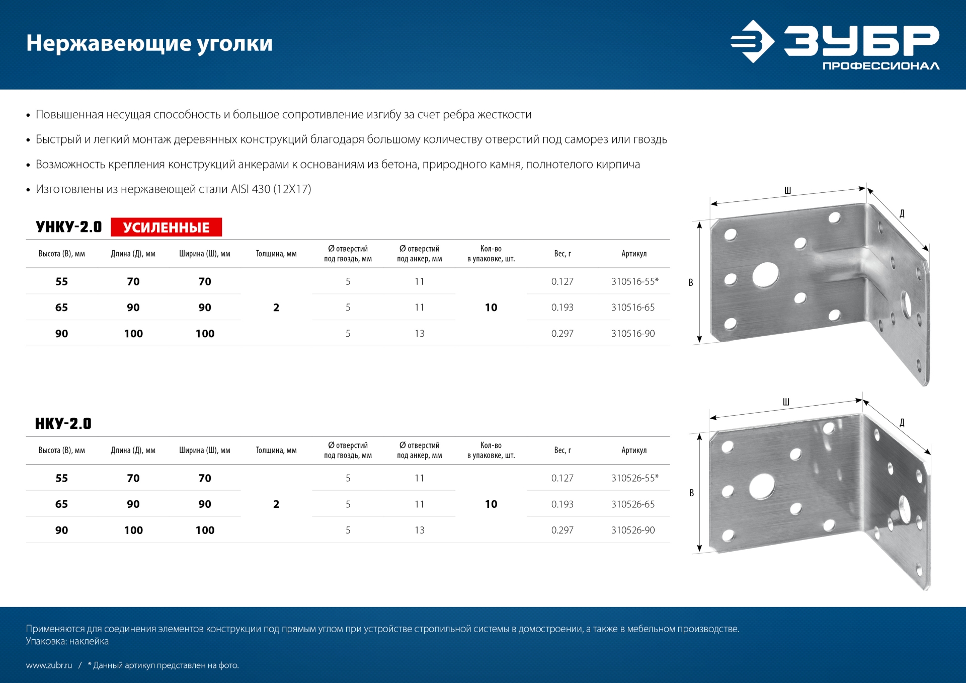 ЗУБР УНКУ-2.0, 55 x 70 x 70 x 2 мм, усиленный нержавеющий крепежный уголок, Профессионал (310516-55) — фото 7