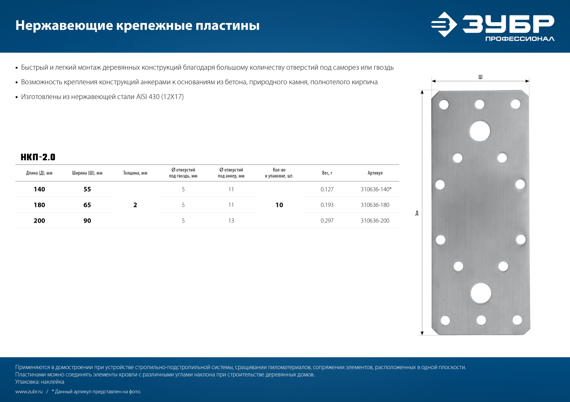 ЗУБР НКП-2.0, 140 x 55 x 2 мм, нержавеющая крепежная пластина, Профессионал (310636-140) — фото 7