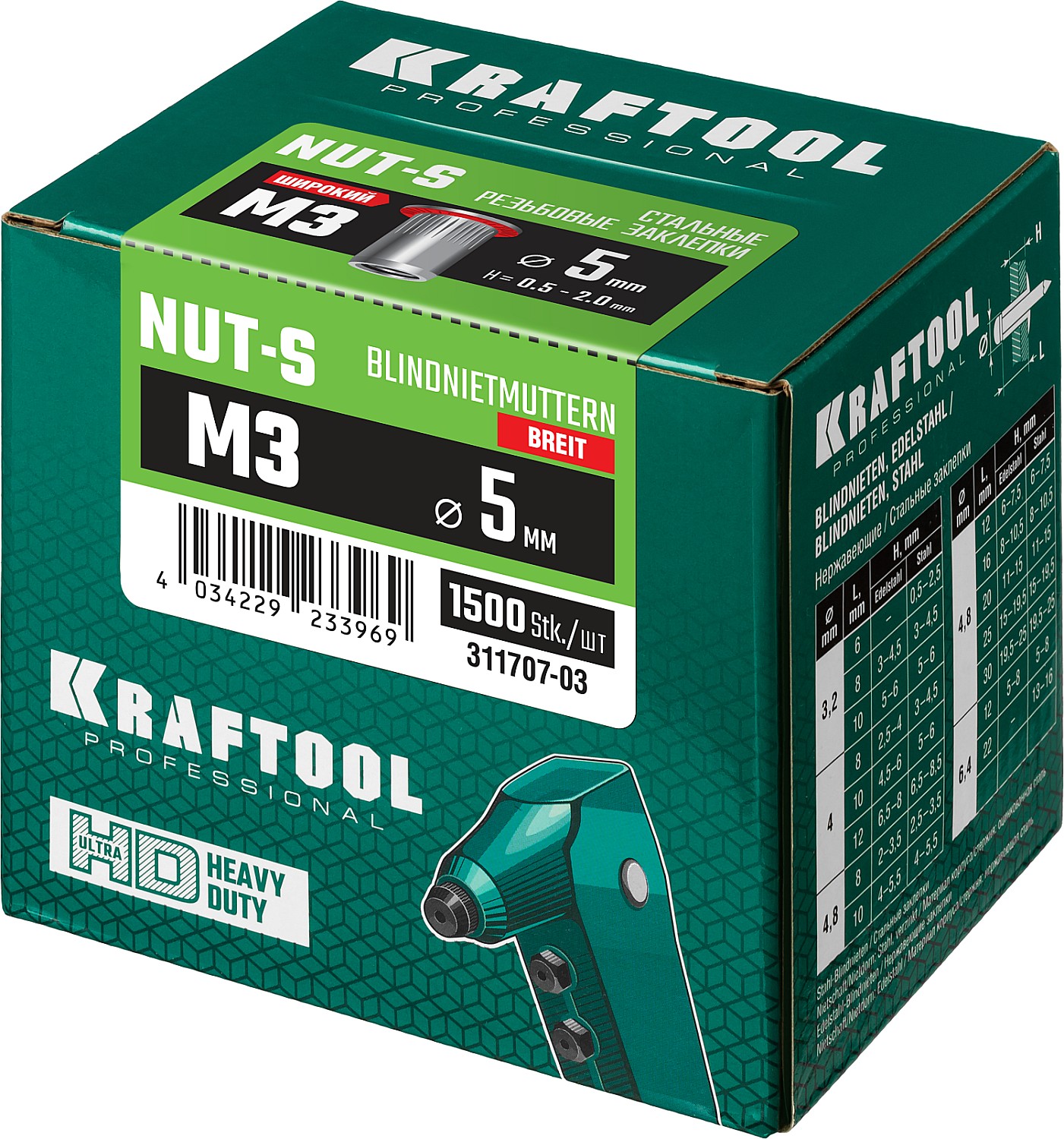 KRAFTOOL Nut-S, М3, 1500 шт, резьбовые заклепки стальные с насечками (311707-03) — фото 4