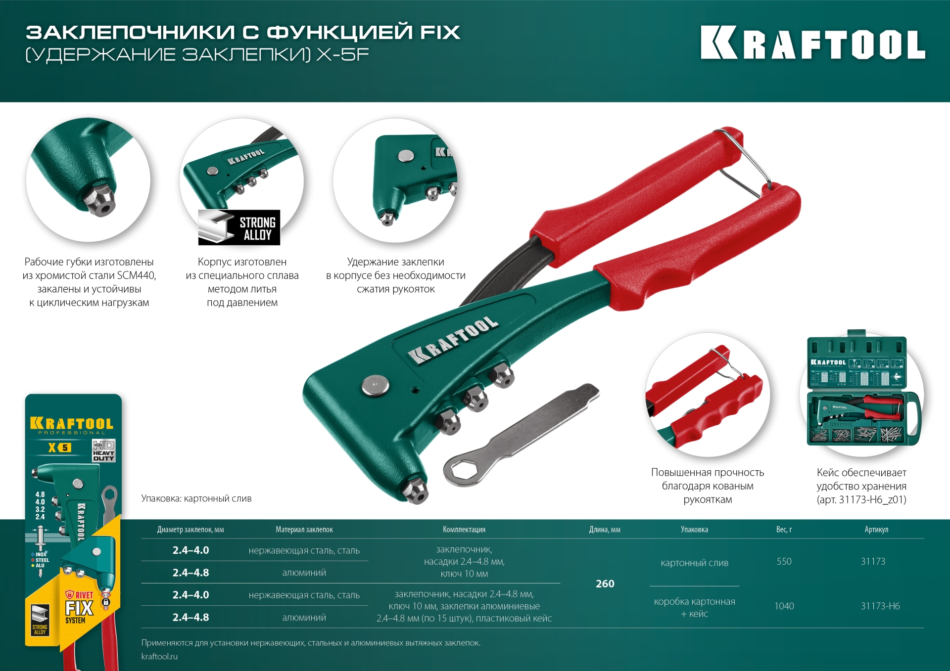 KRAFTOOL X-5F, 2.4 - 4.8 мм, 260 мм, удержание заклепки, литой заклепочник в кейсе (31173-H6) — фото 15