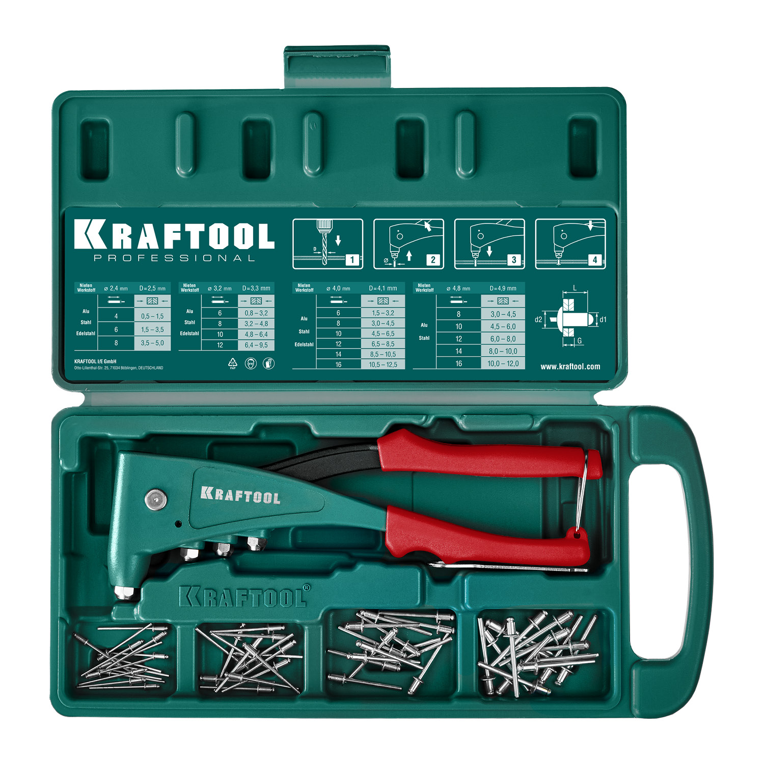 KRAFTOOL X-5F, 2.4 - 4.8 мм, 260 мм, удержание заклепки, литой заклепочник в кейсе (31173-H6) — фото 7