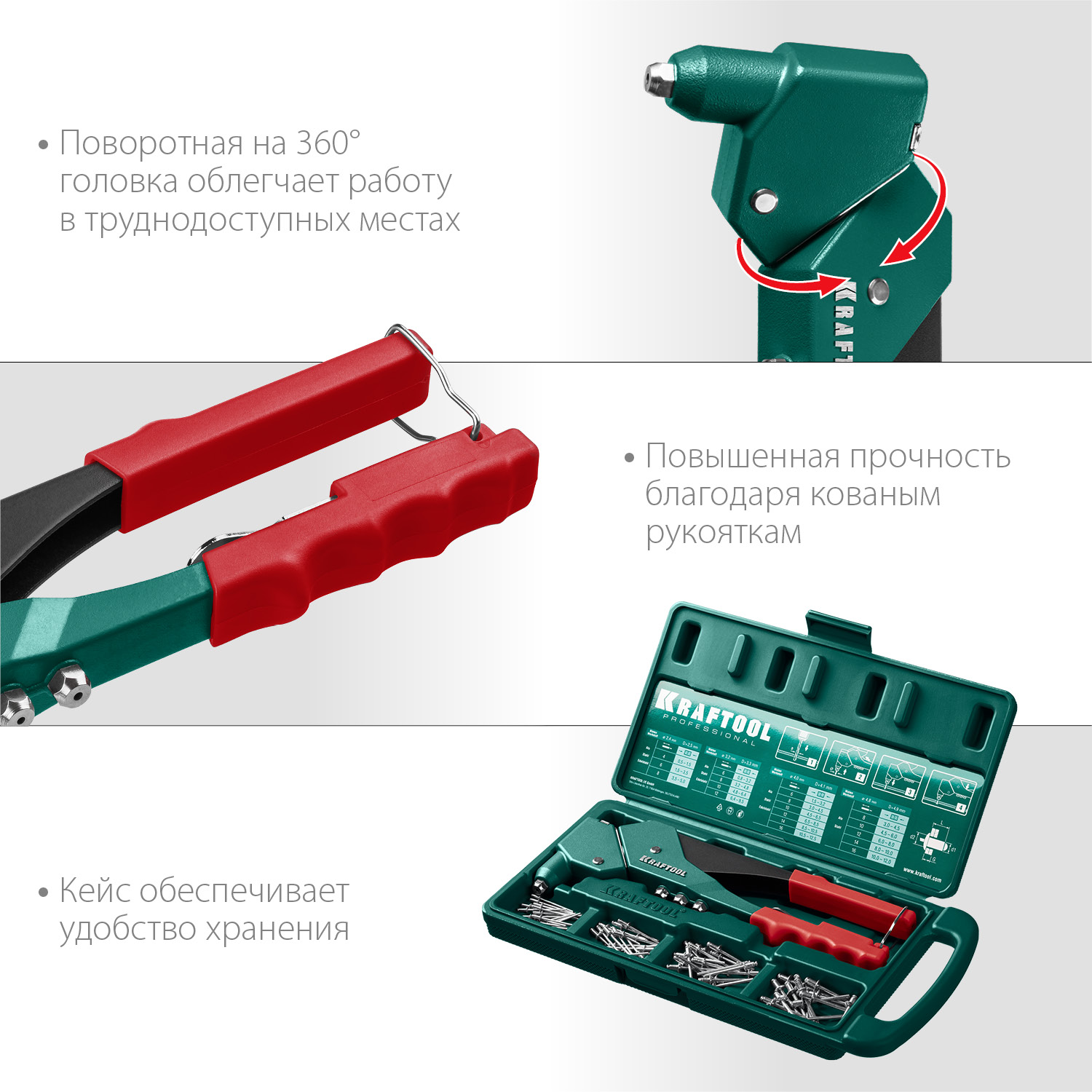 KRAFTOOL RX-7, 360°, 2.4 - 4.8 мм, 280 мм, литой поворотный заклепочник в кейсе (31176-H6) — фото 5