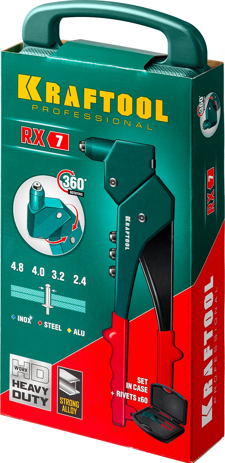 KRAFTOOL RX-7, 360°, 2.4 - 4.8 мм, 280 мм, литой поворотный заклепочник в кейсе (31176-H6) — фото 9