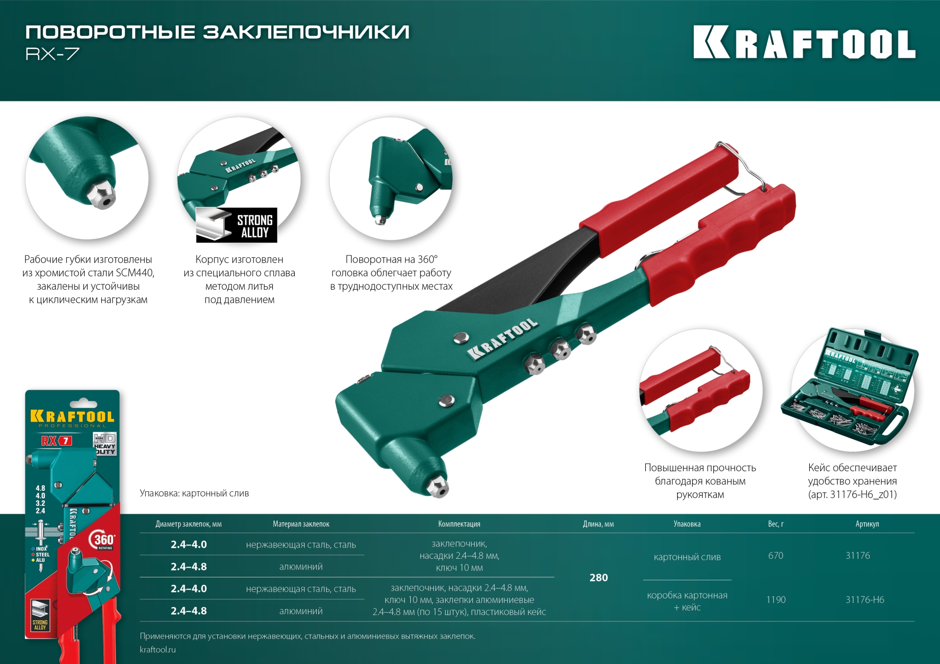 KRAFTOOL RX-7, 360°, 2.4 - 4.8 мм, 280 мм, литой поворотный заклепочник (31176) — фото 13