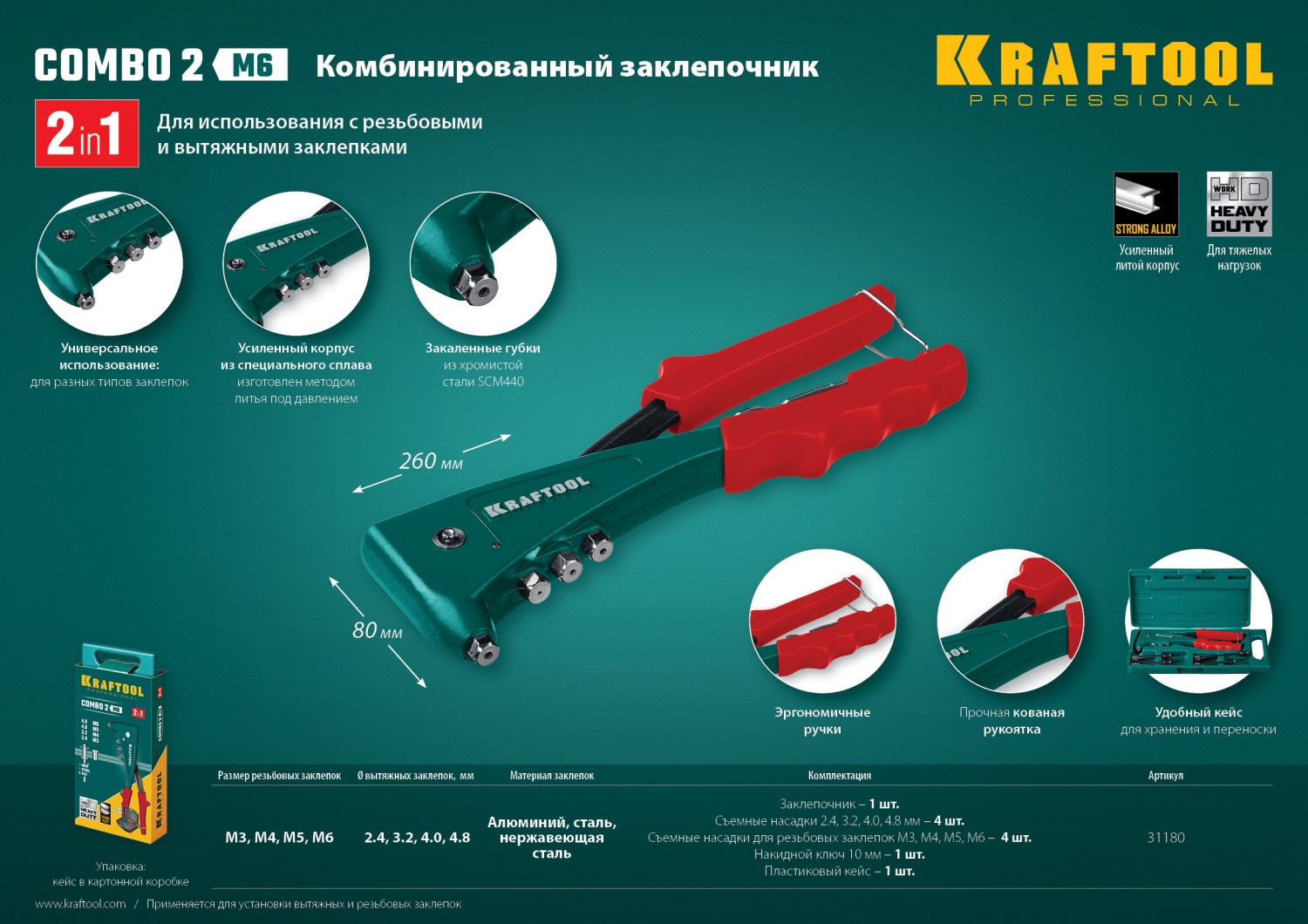KRAFTOOL Combo2-M6, 2 вида заклёпок, комбинированный литой заклепочник в кейсе (31180) — фото 12