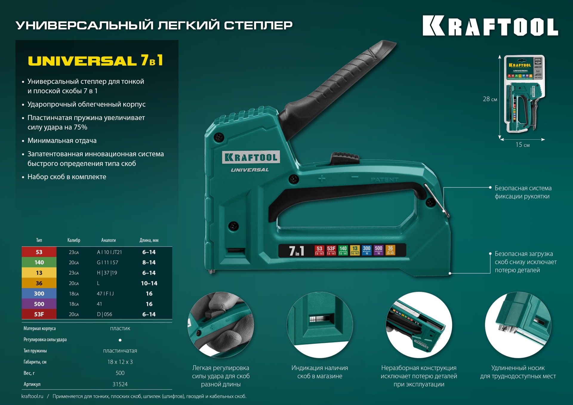 KRAFTOOL Universal, 7-в-1: 53 (A/10/JT21) 23GA (6 - 14 мм)/140 (G/11/57) 20GA (8 - 14 мм)/13/53F/36/500, универсальный легкий степлер (31524) — фото 19