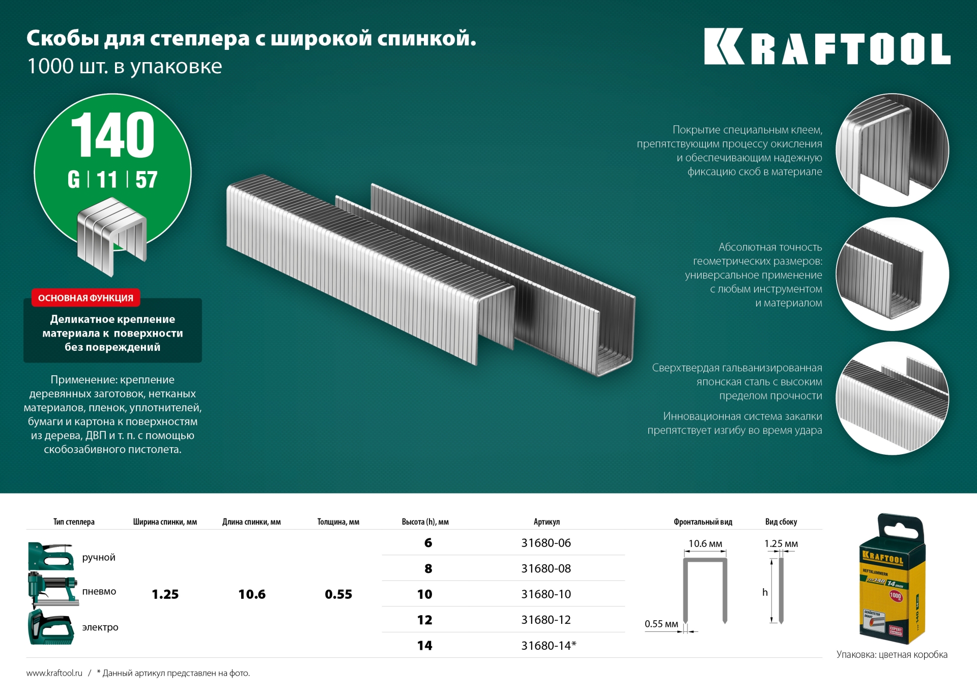KRAFTOOL скобы тип 140 (G/11/57), 14 мм, калибр 20GA. 1000 шт (31680-14) — фото 4
