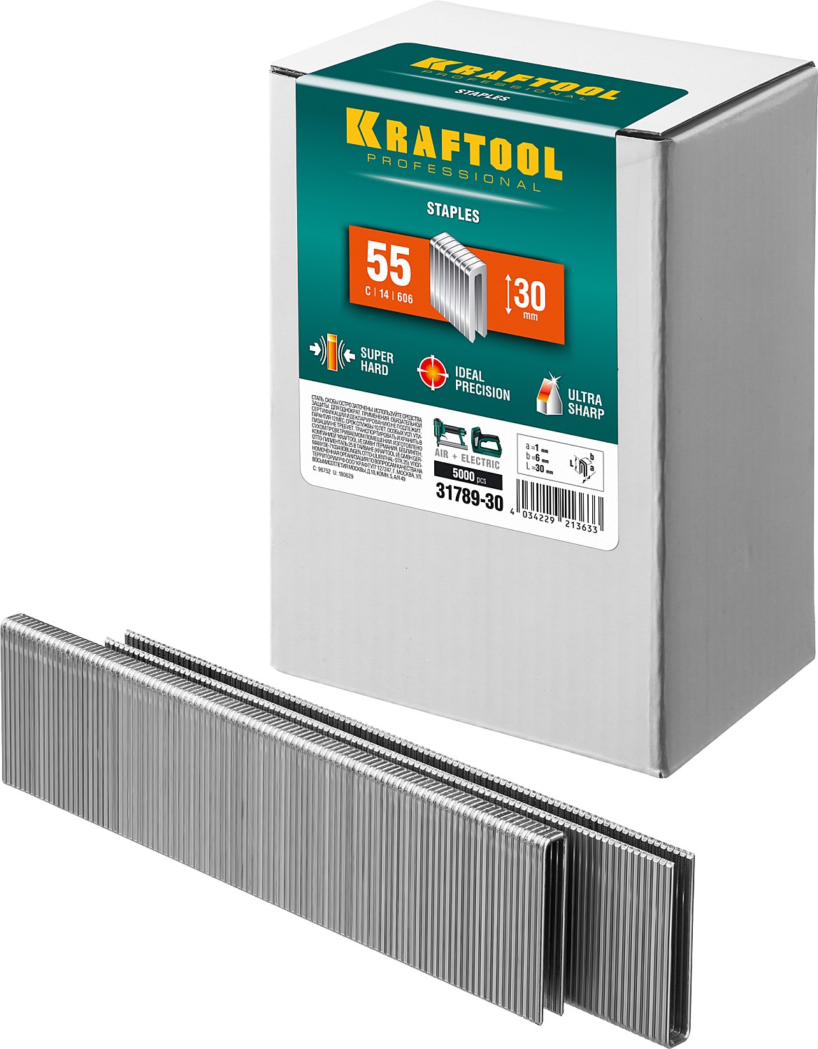KRAFTOOL скобы тип 55 (90/C), 30 мм, калибр 18GA. 5000 шт (31789-30)