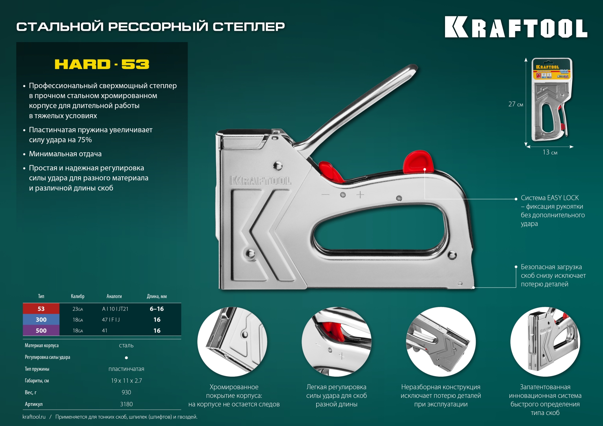 KRAFTOOL EXTREM 53, тип 53 (A/10/JT21) 23GA (6 - 16 мм)/300/500, стальной рессорный степлер (3180) — фото 16
