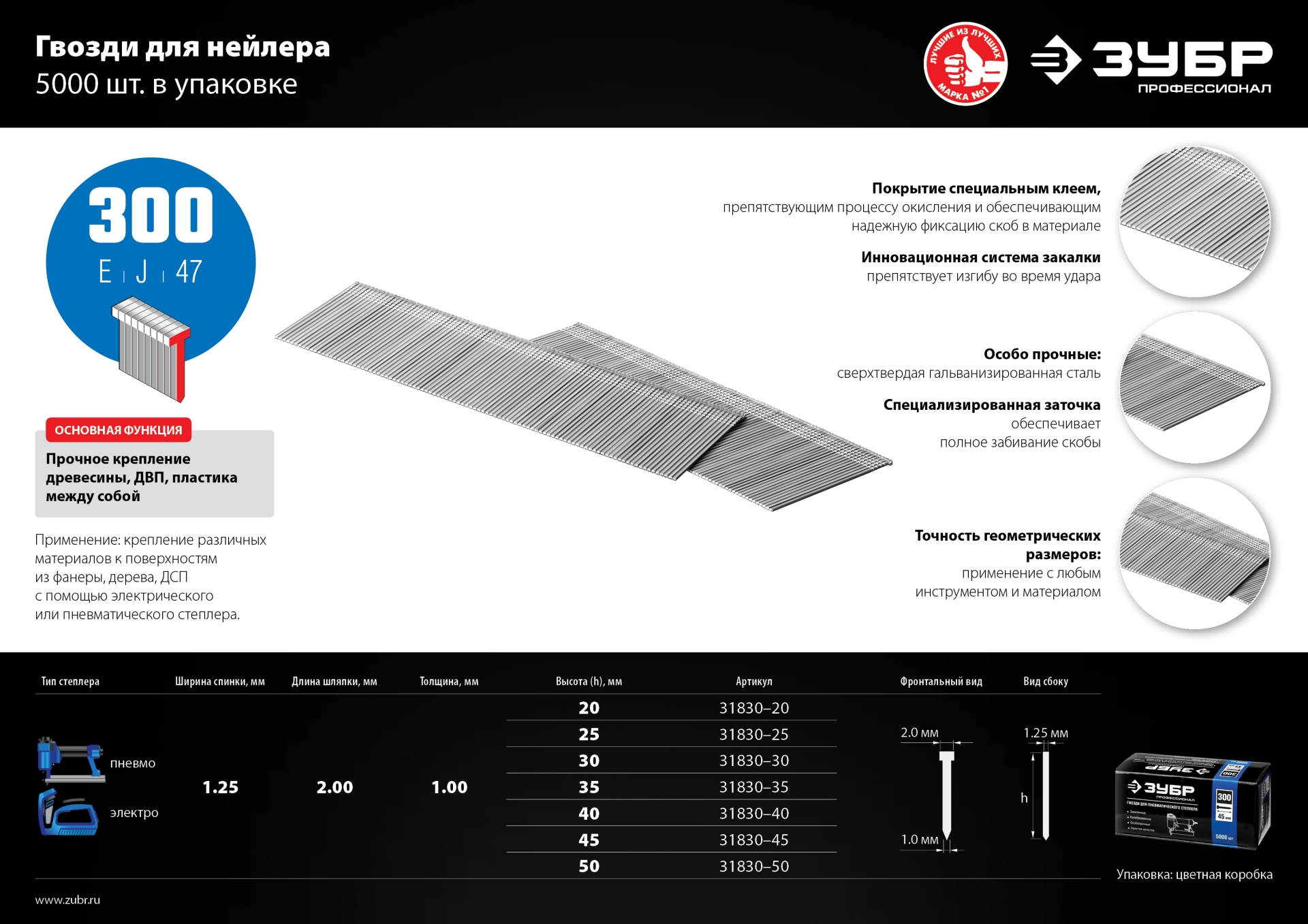 ЗУБР гвозди тип 300 (47/J/F), 25 мм, калибр 18GA. 5000 шт. Профессионал (31830-25) — фото 7