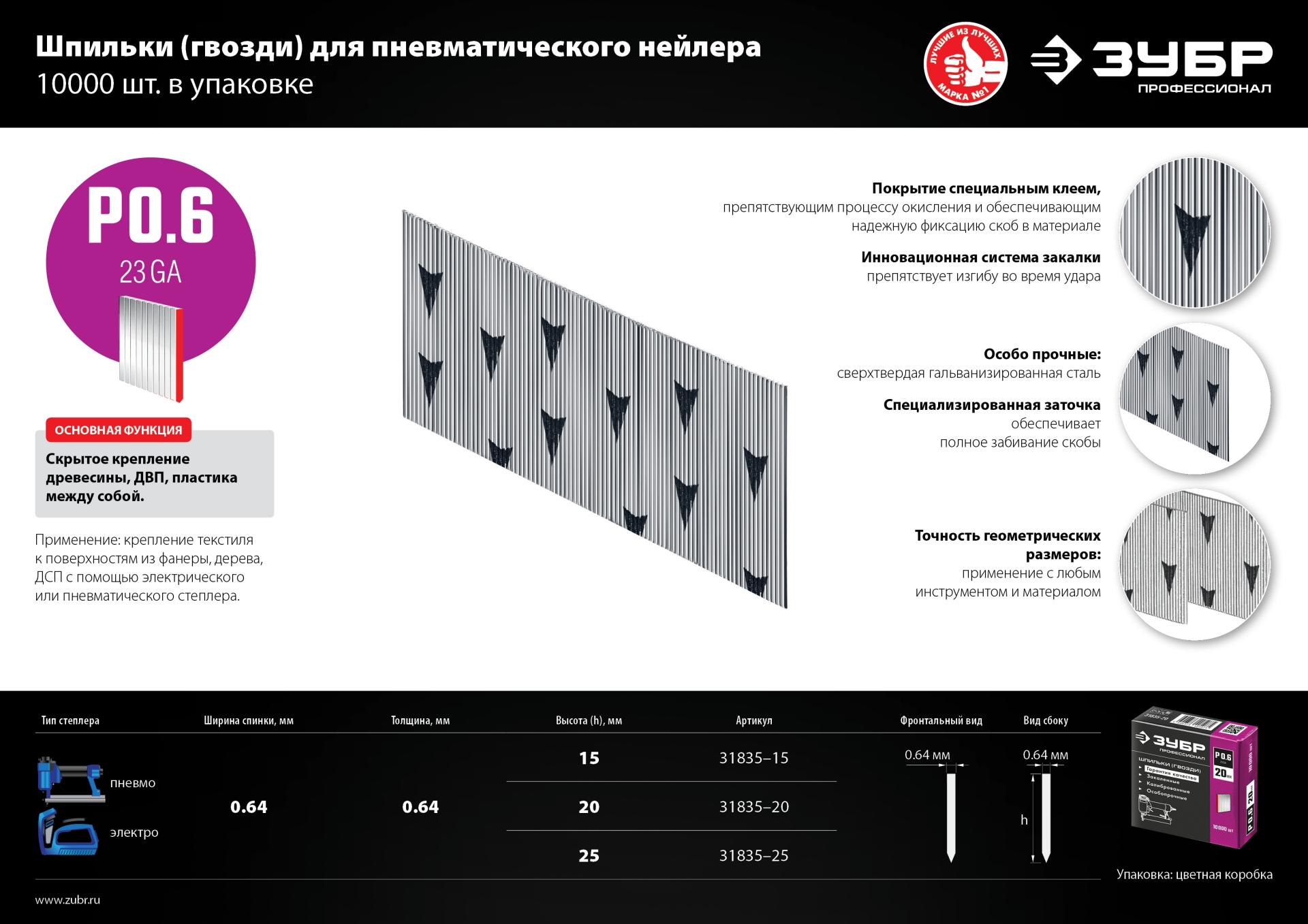 ЗУБР шпильки тип P0.6, 25 мм, калибр 23GA. 10 000 шт. Профессионал (31835-25) — фото 6