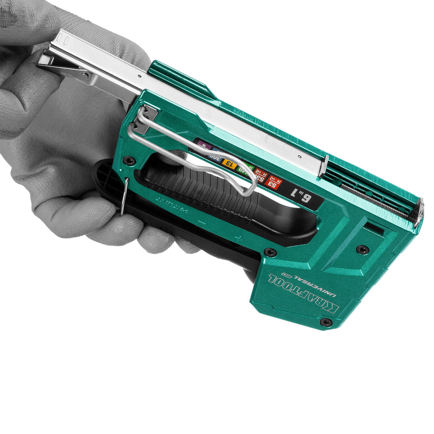 KRAFTOOL Universal-HD, 6-в-1: 53 (A/10/JT21) 23GA (6 - 14 мм)/140 (G/11/57) 20GA (8 - 14 мм)/13/53F/300/500, универсальный алюминиевый степлер (3188) — фото 12