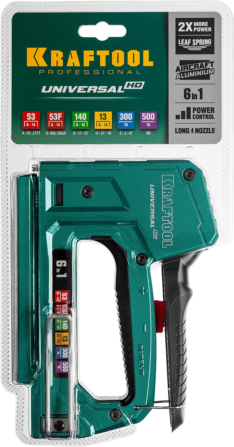 KRAFTOOL Universal-HD, 6-в-1: 53 (A/10/JT21) 23GA (6 - 14 мм)/140 (G/11/57) 20GA (8 - 14 мм)/13/53F/300/500, универсальный алюминиевый степлер (3188) — фото 15