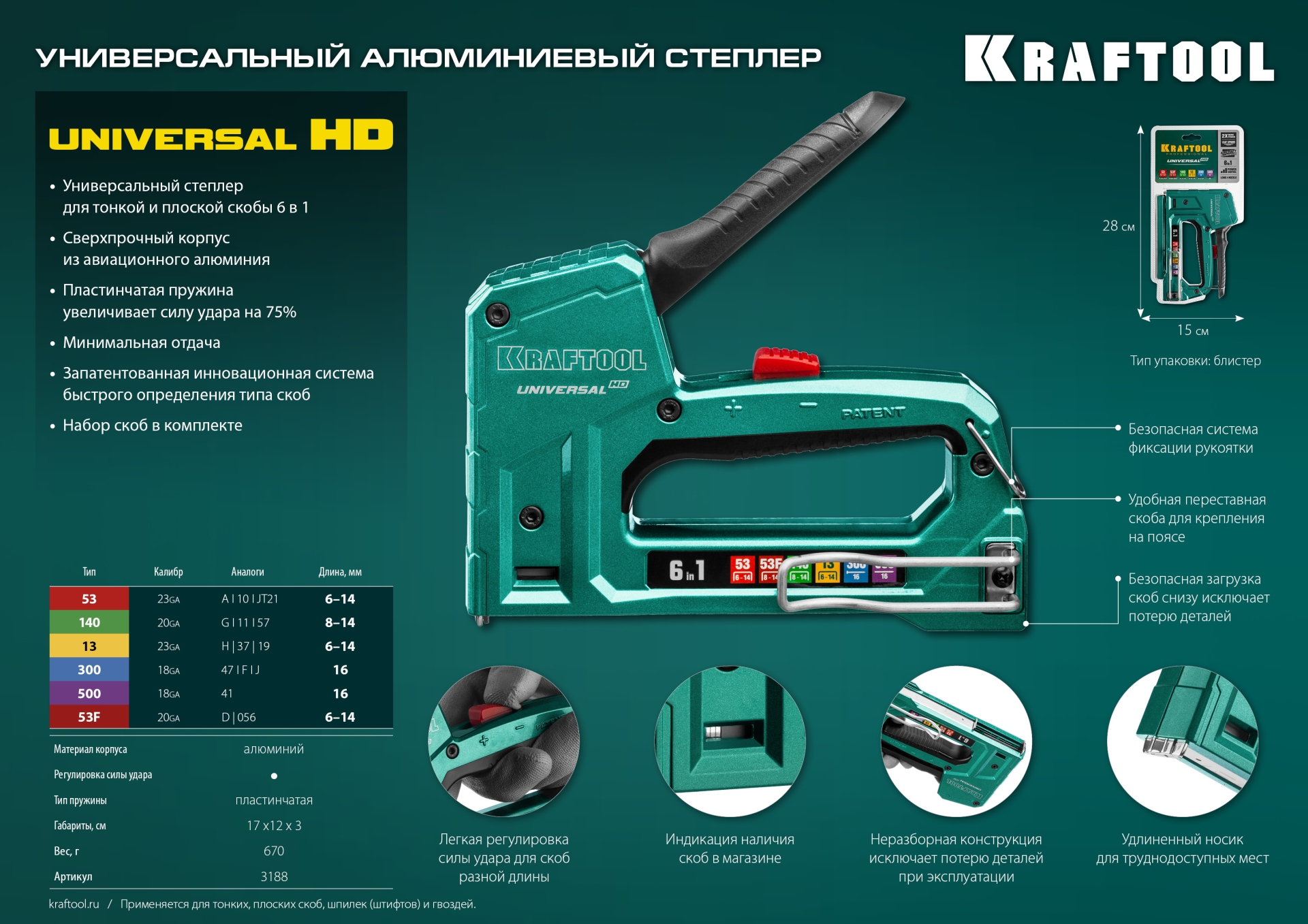KRAFTOOL Universal-HD, 6-в-1: 53 (A/10/JT21) 23GA (6 - 14 мм)/140 (G/11/57) 20GA (8 - 14 мм)/13/53F/300/500, универсальный алюминиевый степлер (3188) — фото 19