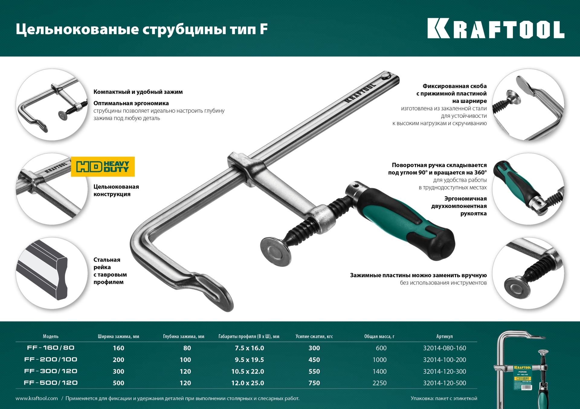 KRAFTOOL Forge FF-160/80, 120 х 500 мм, цельнокованая струбцина F (32014-120-500) — фото 7