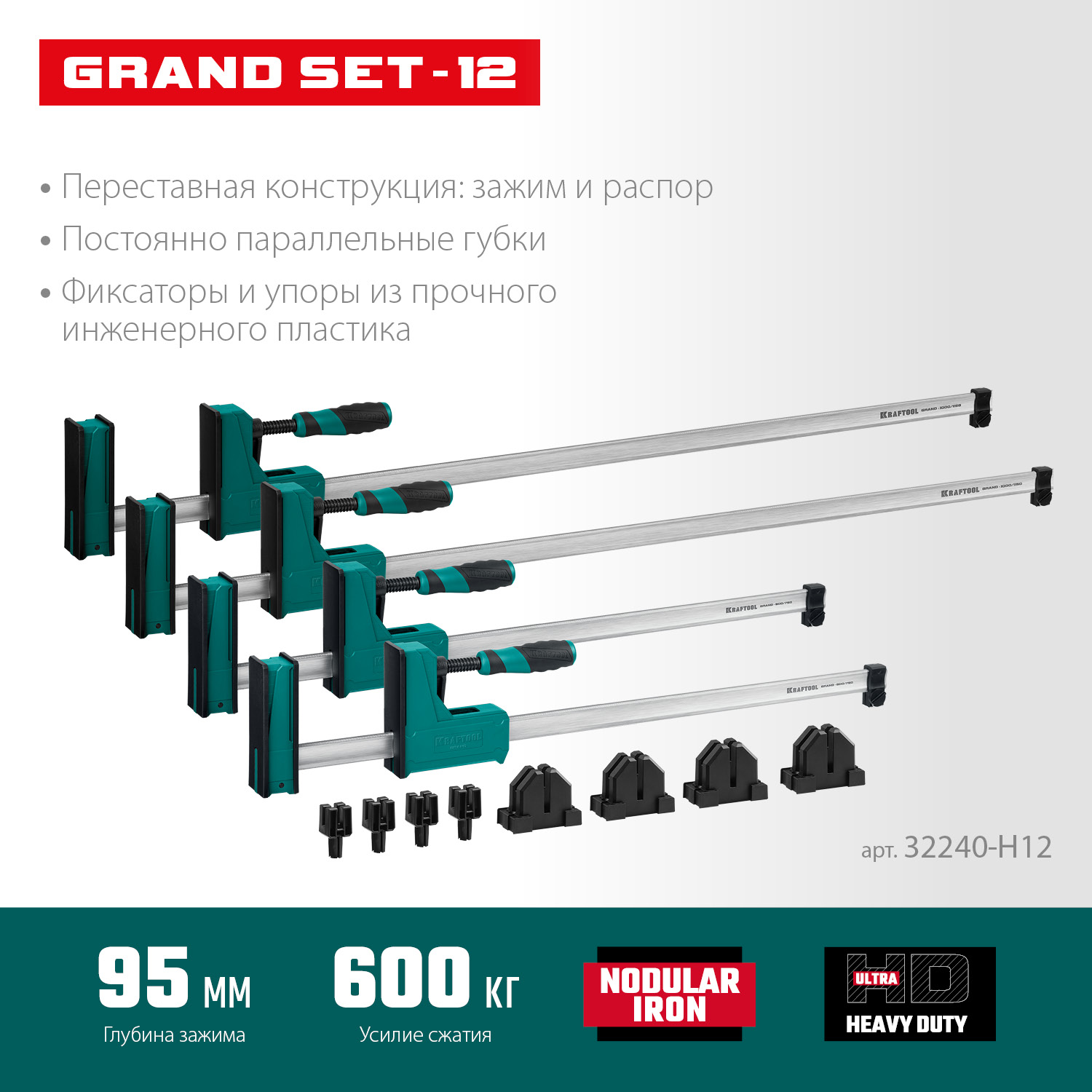 KRAFTOOL Grand SET-12, 12 предметов, 1000 мм, 600 мм, набор корпусных струбцин и принадлежностей (32240-H12) — фото 3