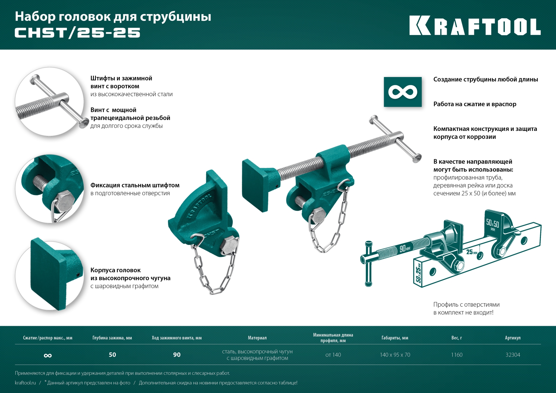 KRAFTOOL CHST/25-25, на профиль 25 х 50 мм, набор головок для струбцины (32304) — фото 9