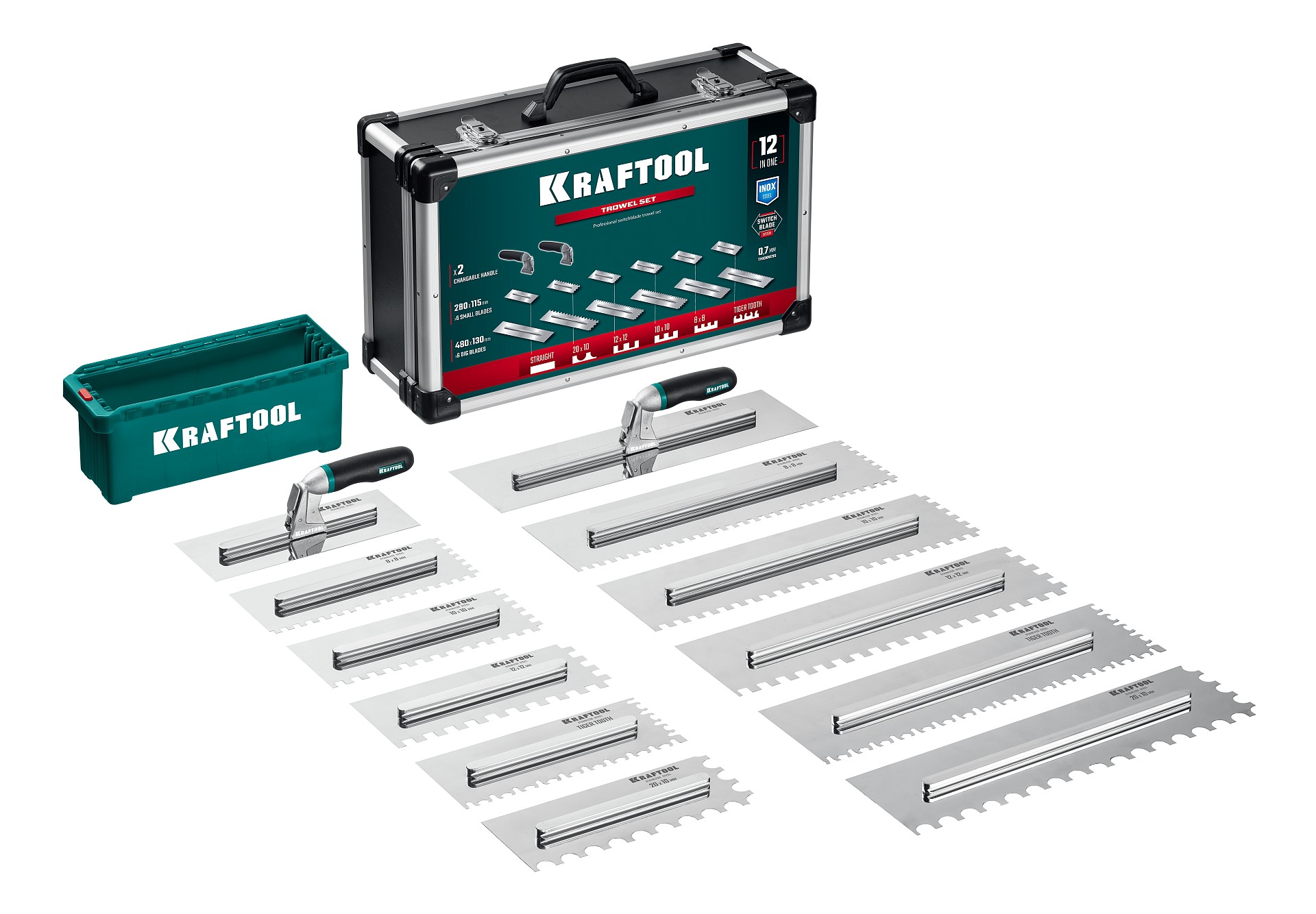 KRAFTOOL 280х115 мм (6шт) - 480х130 мм (6шт), набор нержавеющих гребенок со сменной 2к ручкой, в пластиковом кейсе (33268-H12)