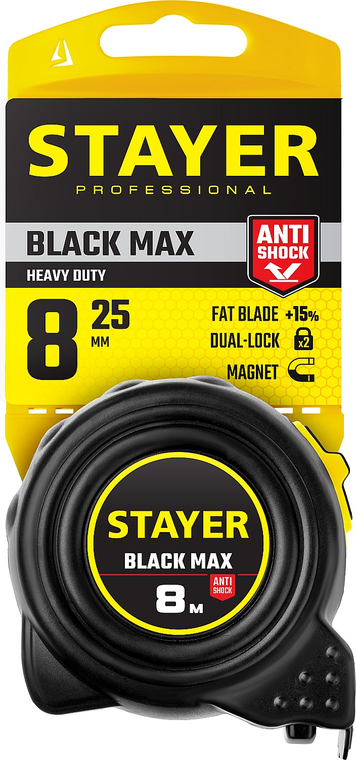 STAYER BlackMax, 8 м х 25 мм, рулетка с двумя фиксаторами, Professional (3410-08) — фото 3