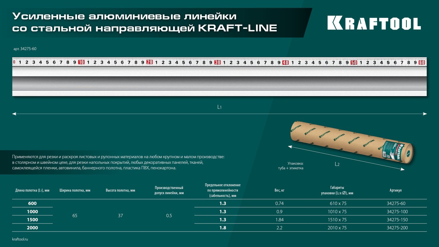 KRAFTOOL KRAFT-LINE, 0.6 м, усиленная алюминиевая линейка со стальной направляющей (34275-60) — фото 14