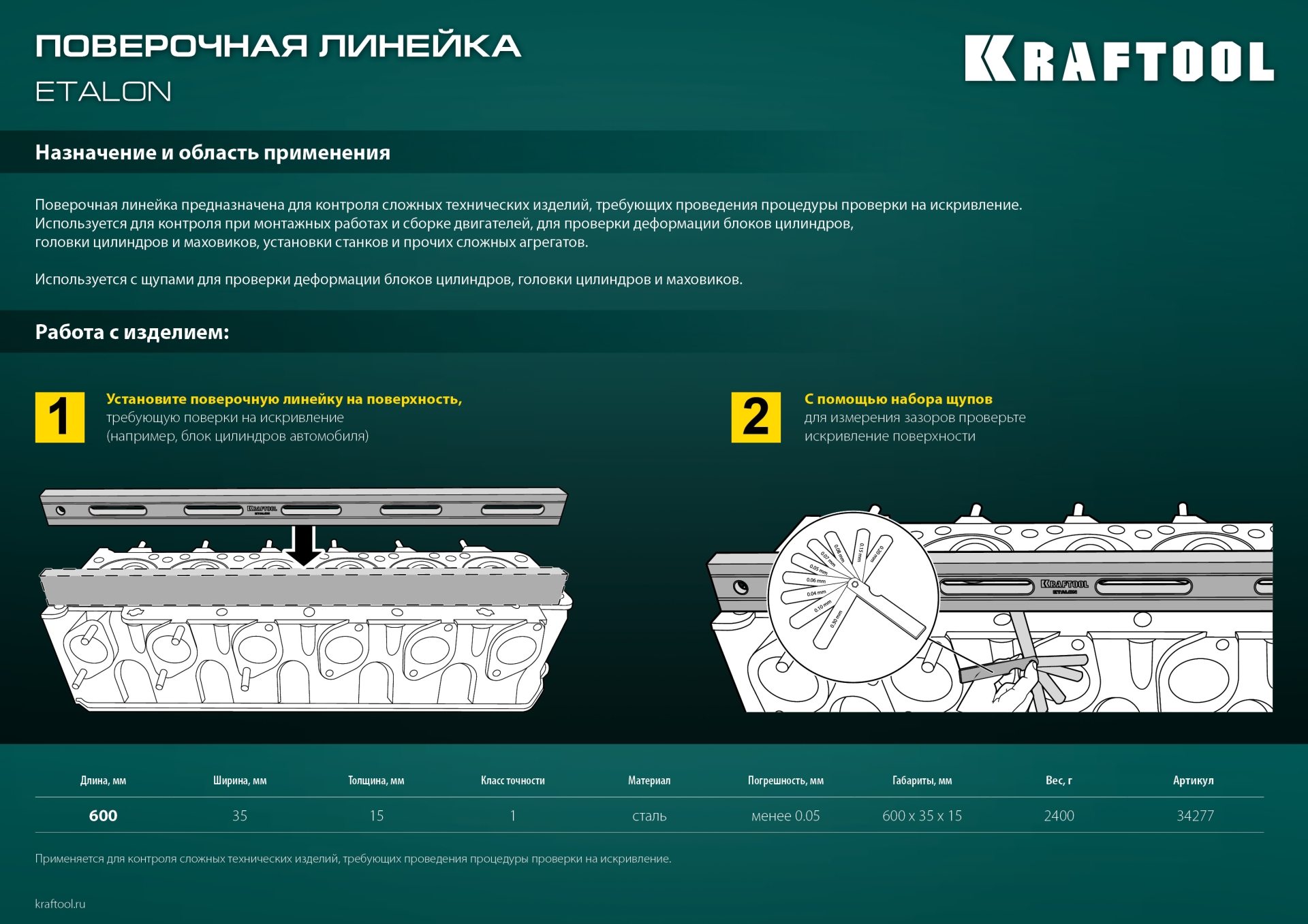 KRAFTOOL ETALON, 600 х 35 х 16 мм, класс точности 1, поверочная линейка (34277) — фото 12