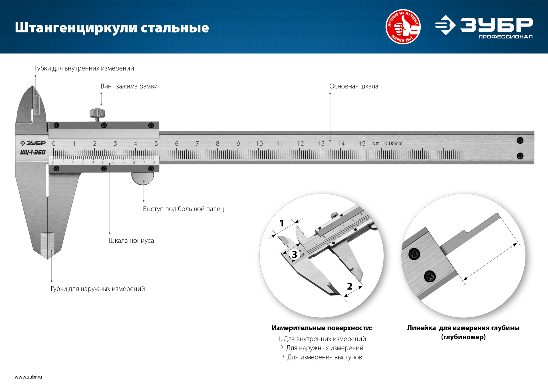 ЗУБР ШЦ-1-250, 250 мм, стальной штангенциркуль, Профессионал (34514-250) — фото 6