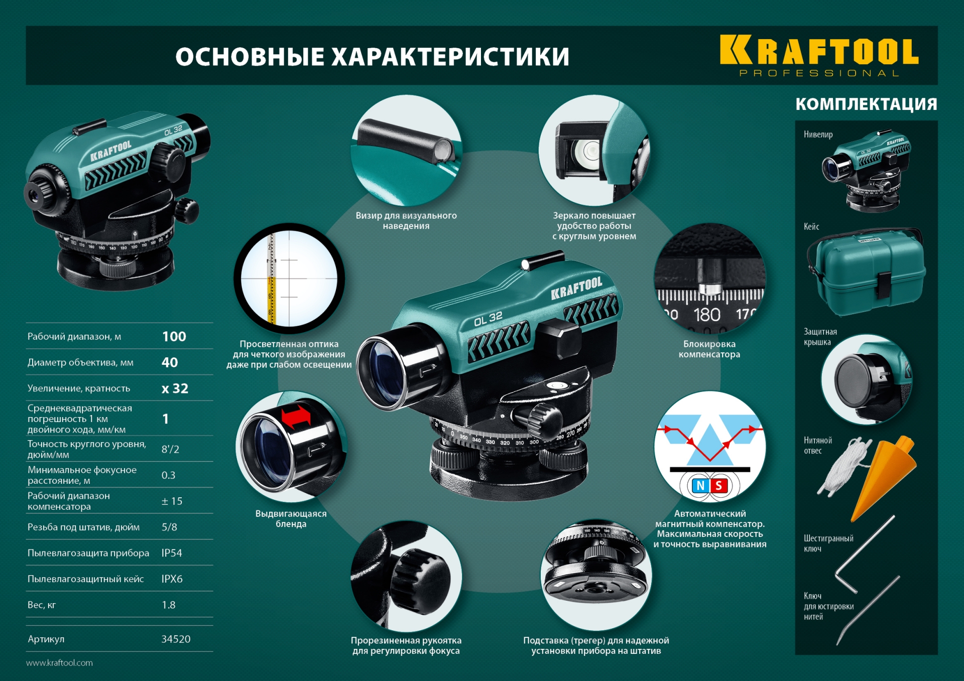 KRAFTOOL OL-32 100 м, оптический нивелир (34520) — фото 12