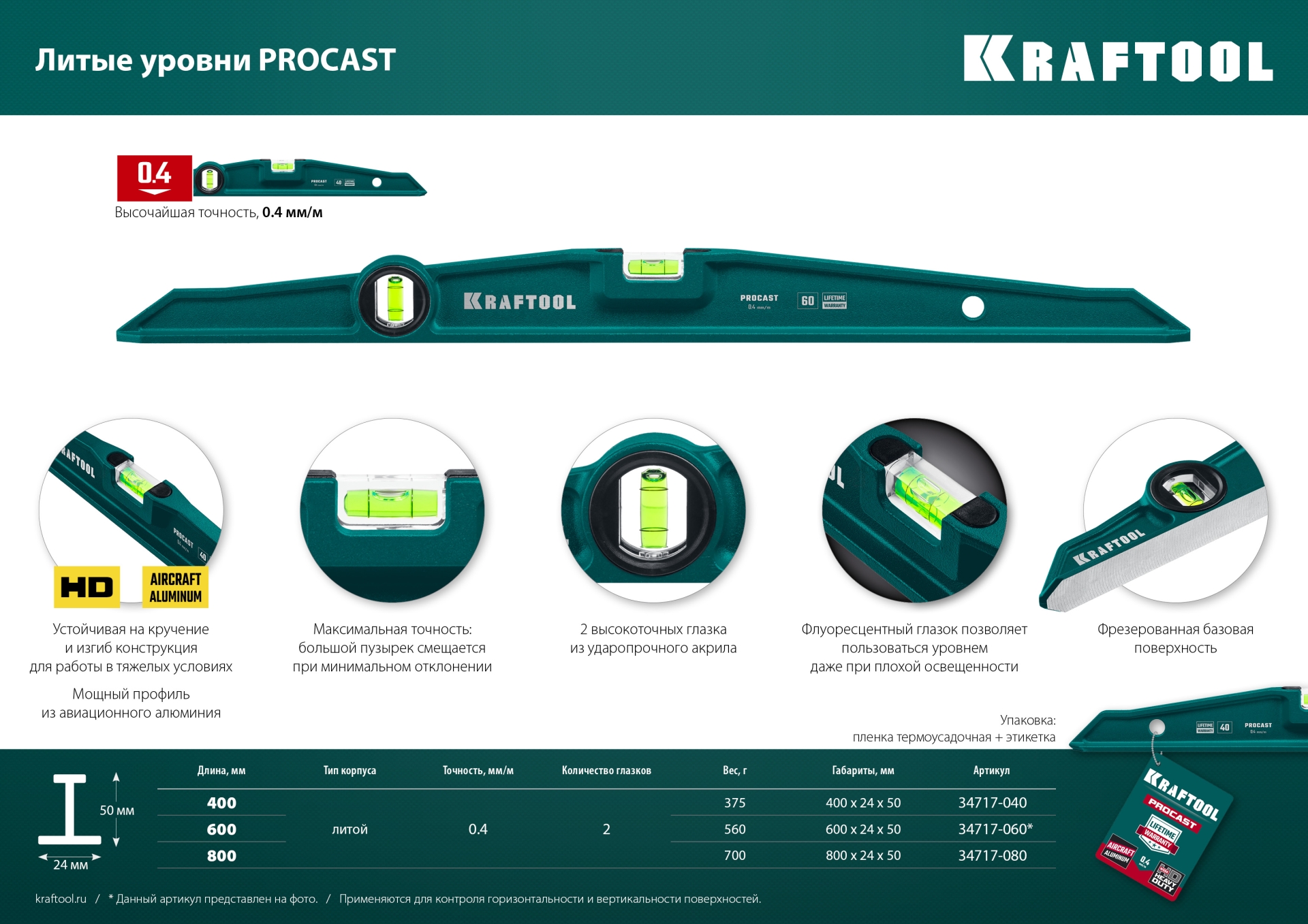 KRAFTOOL PROCAST, 600 мм, литой уровень (34717-060) — фото 9