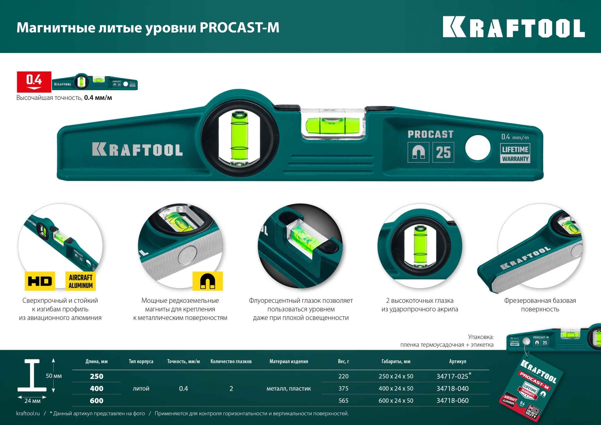 KRAFTOOL PROCAST-M, 600 мм, магнитный литой уровень (34718-060) — фото 9