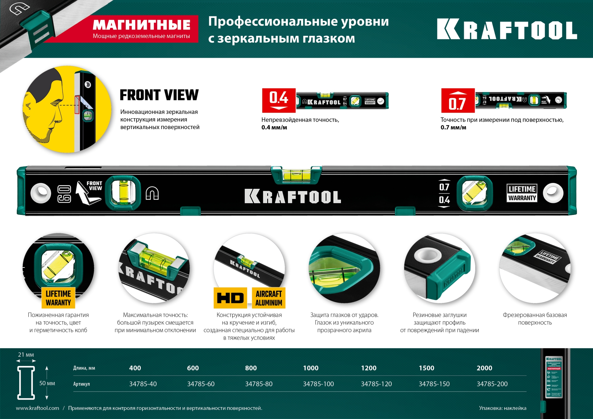 KRAFTOOL 1200 мм, усиленный профиль, с зеркальным глазком, магнитный уровень (34785-120) — фото 12