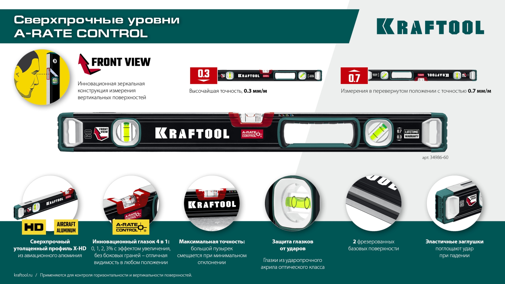 KRAFTOOL A-RATE CONTROL, 1000 мм, точность 0.3 мм/м, с инновационным зеркальным глазком, сверхпрочный уровень (34986-100) — фото 12
