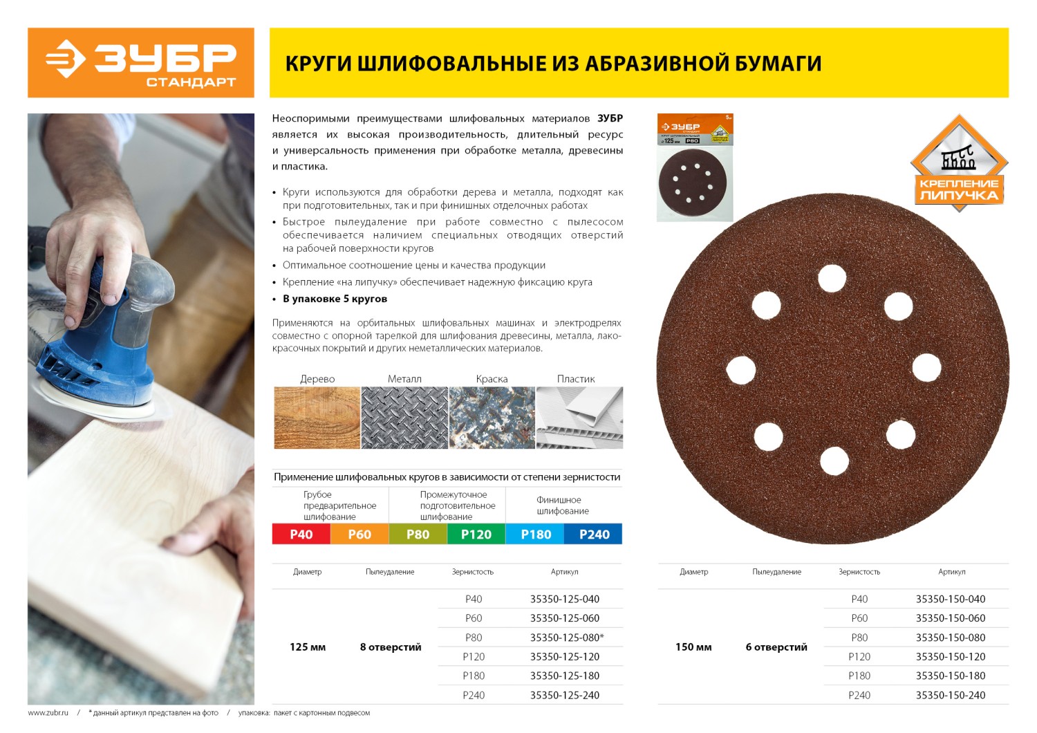 Круг шлифовальный ЗУБР ″СТАНДАРТ″ из абразивной бумаги на велкро основе, 6 отв., Р80, 150мм, 5шт — фото 3