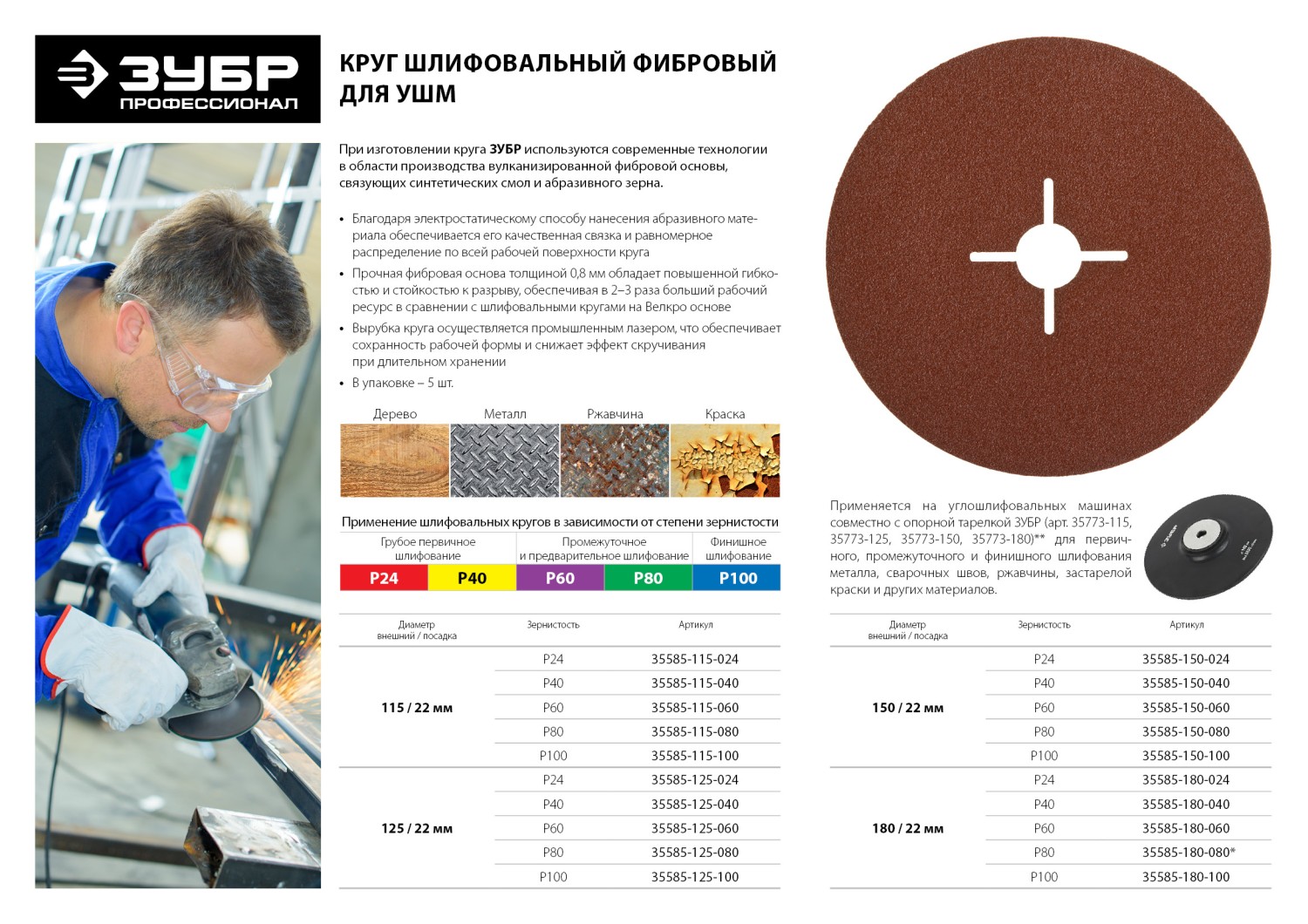 Круг шлифовальный ЗУБР ″ПРОФИ″ фибровый, для УШМ, P24, 180х22мм, 5 листов — фото 3