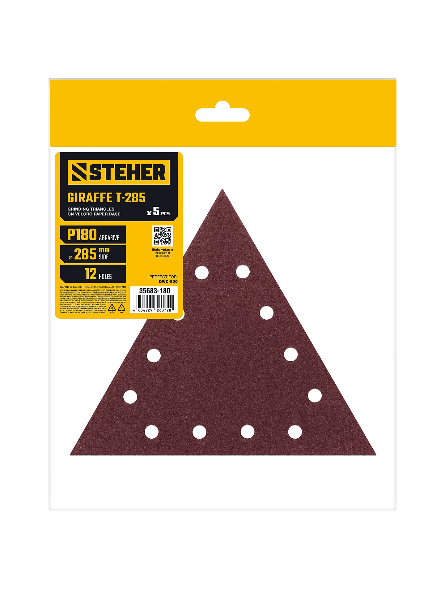 STEHER GIRAFFE T-285 мм, Р180, шлифовальный треугольник на липучке, 12 отв., 5 шт. (35683-180)