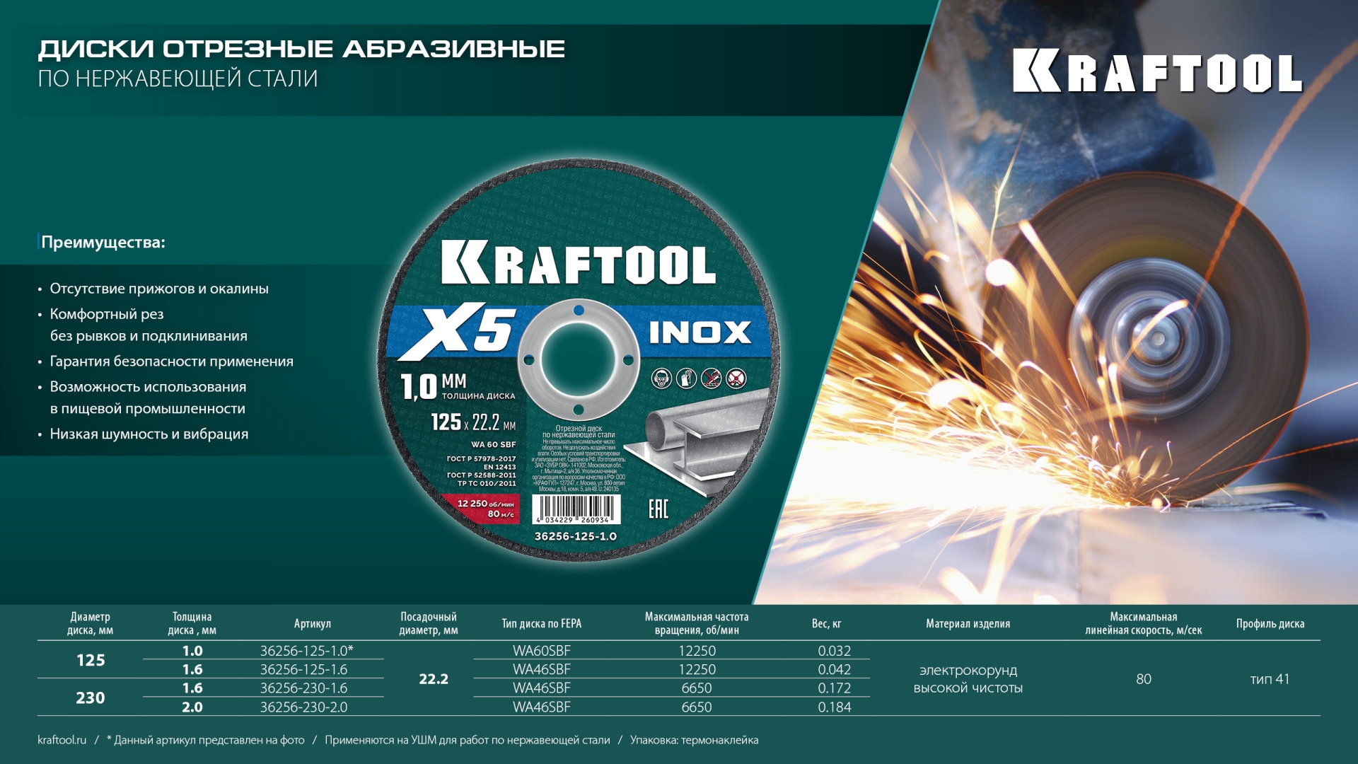 KRAFTOOL X5 INOX 125x1.0 мм по нерж. стали отрезной диск для УШМ (36256-125-1.0) — фото 7