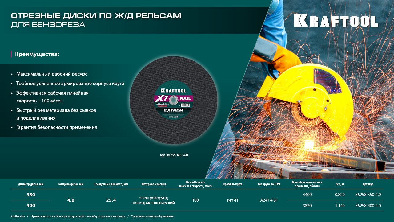 KRAFTOOL X7-EXTREM RAIL 350x4.0 / 25.4 мм по Ж/Д рельсам отрезной диск для бензореза (36258-350-4.0) — фото 5