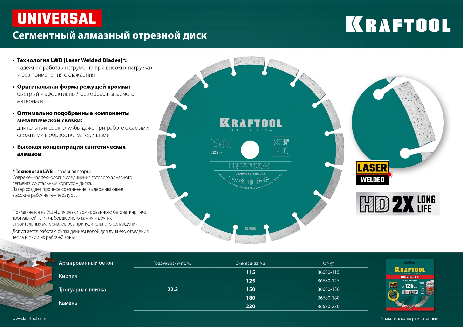 KRAFTOOL LASER-UNIVERSAL 125 мм (22.2 мм, 10х2.4мм), алмазный диск (36680-125) — фото 6