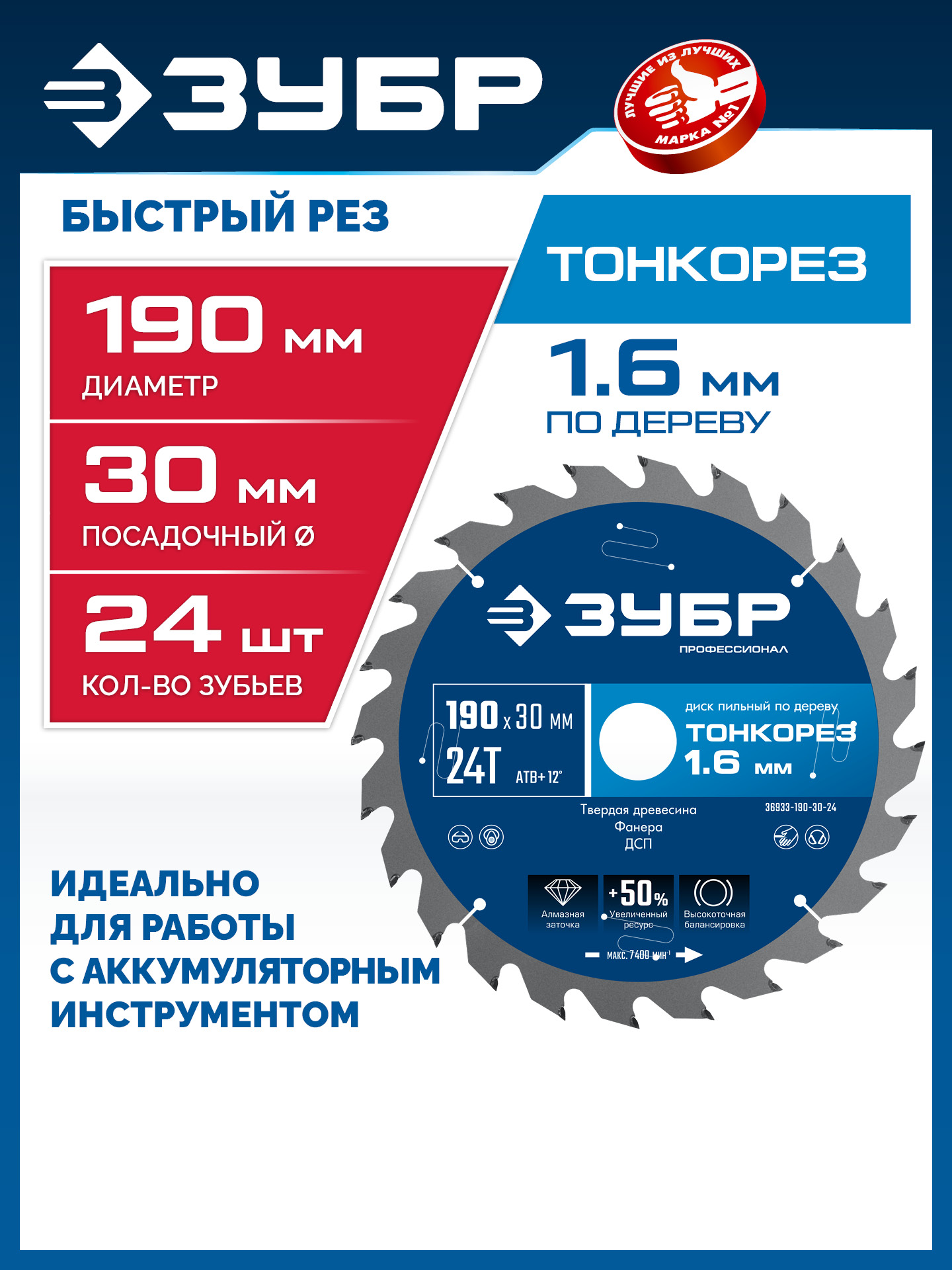 ЗУБР Тонкорез 190х30 x 1.6 мм, 24Т, диск пильный по дереву, тонкий рез, Профессионал (36933-190-30-24) — фото 2