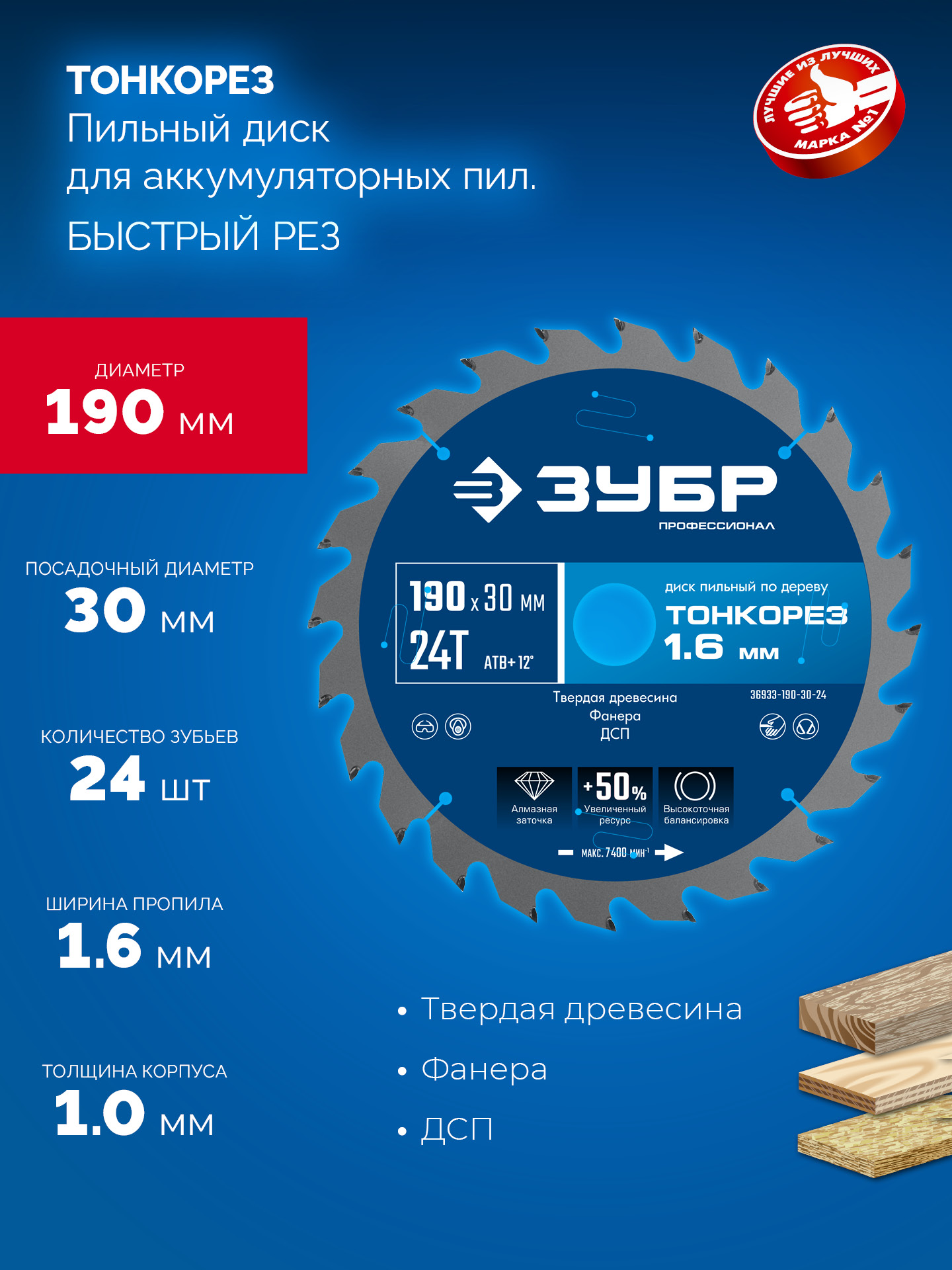 ЗУБР Тонкорез 190х30 x 1.6 мм, 24Т, диск пильный по дереву, тонкий рез, Профессионал (36933-190-30-24) — фото 3