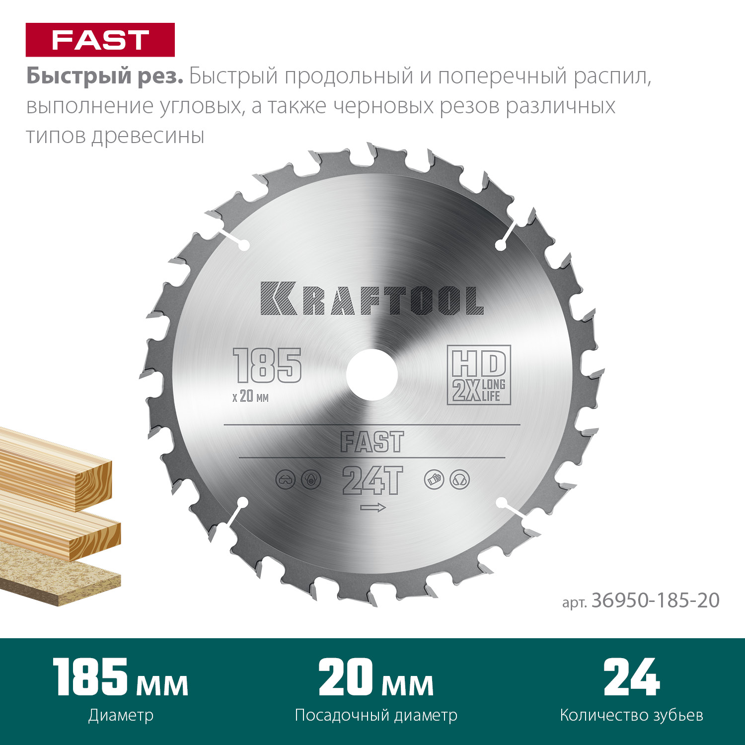 KRAFTOOL Fast, 185 х 20 мм, 24Т, пильный диск по дереву (36950-185-20) — фото 3