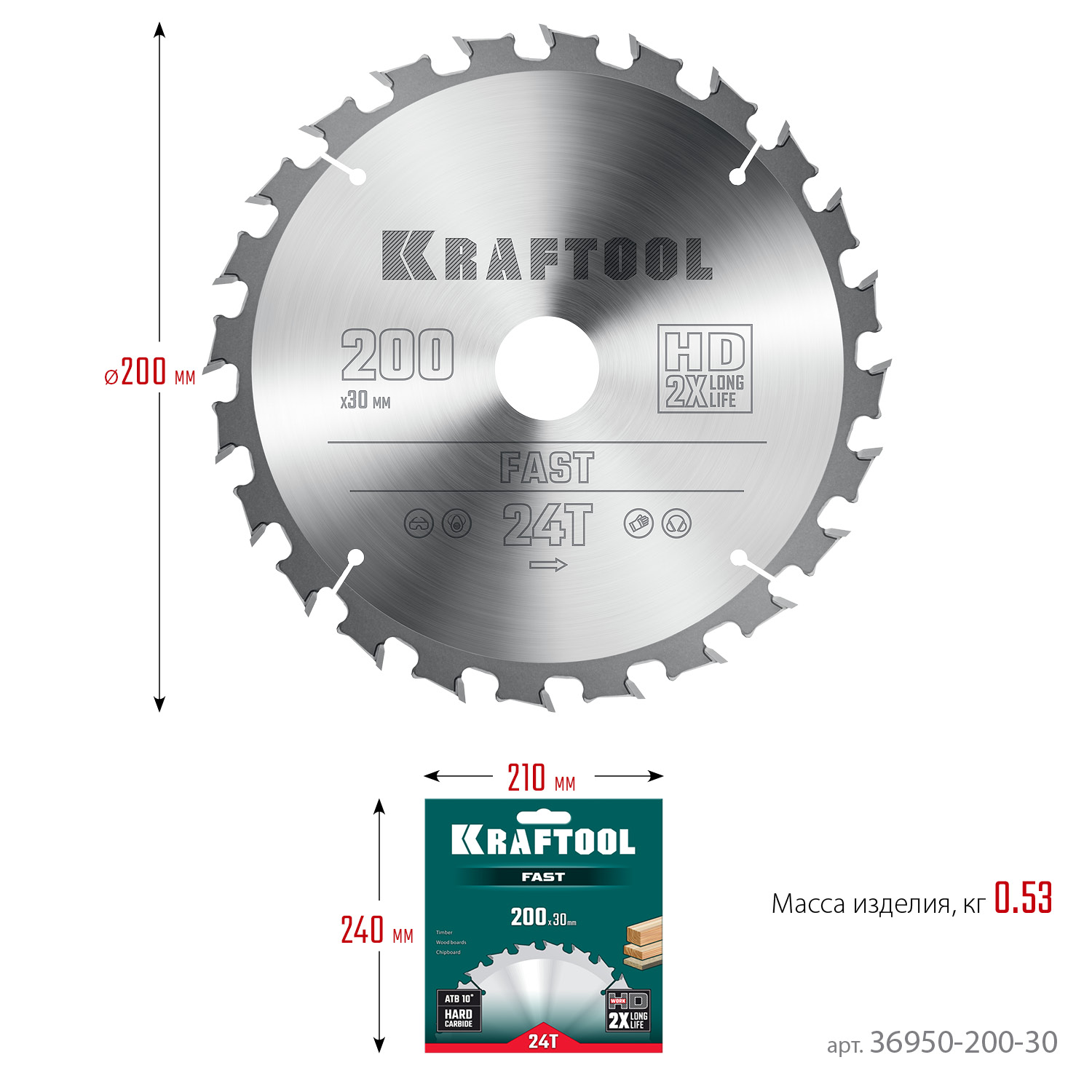 KRAFTOOL Fast, 200 х 30 мм, 24Т, пильный диск по дереву (36950-200-30) — фото 6