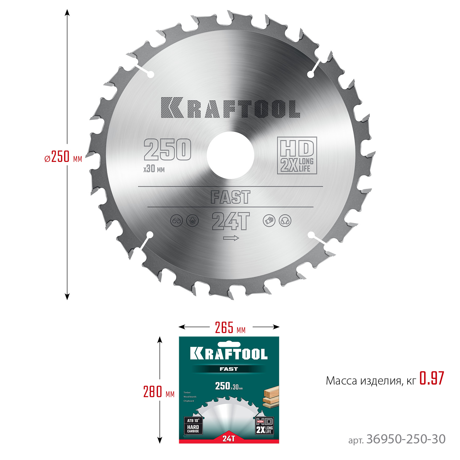 KRAFTOOL Fast, 250 х 30 мм, 24Т, пильный диск по дереву (36950-250-30) — фото 6