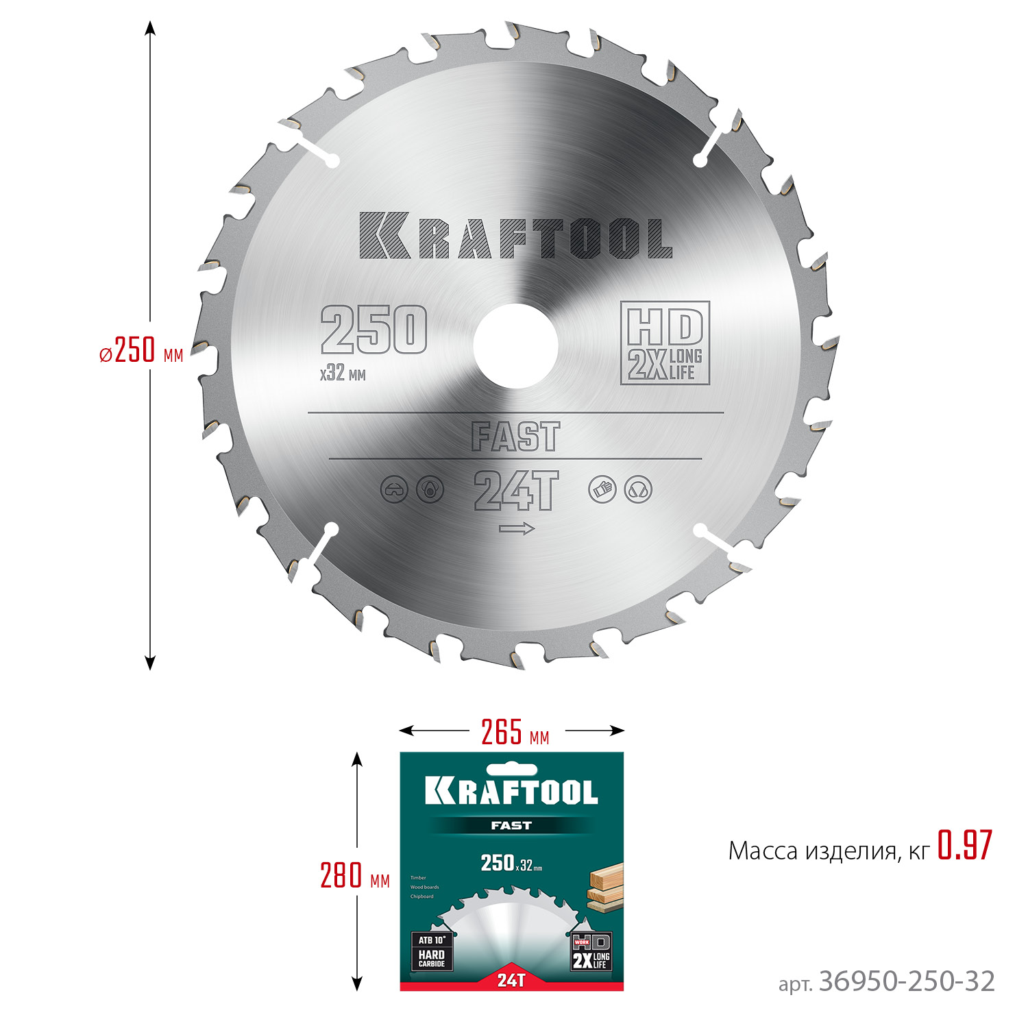 KRAFTOOL Fast, 250 х 32 мм, 24Т, пильный диск по дереву (36950-250-32) — фото 6