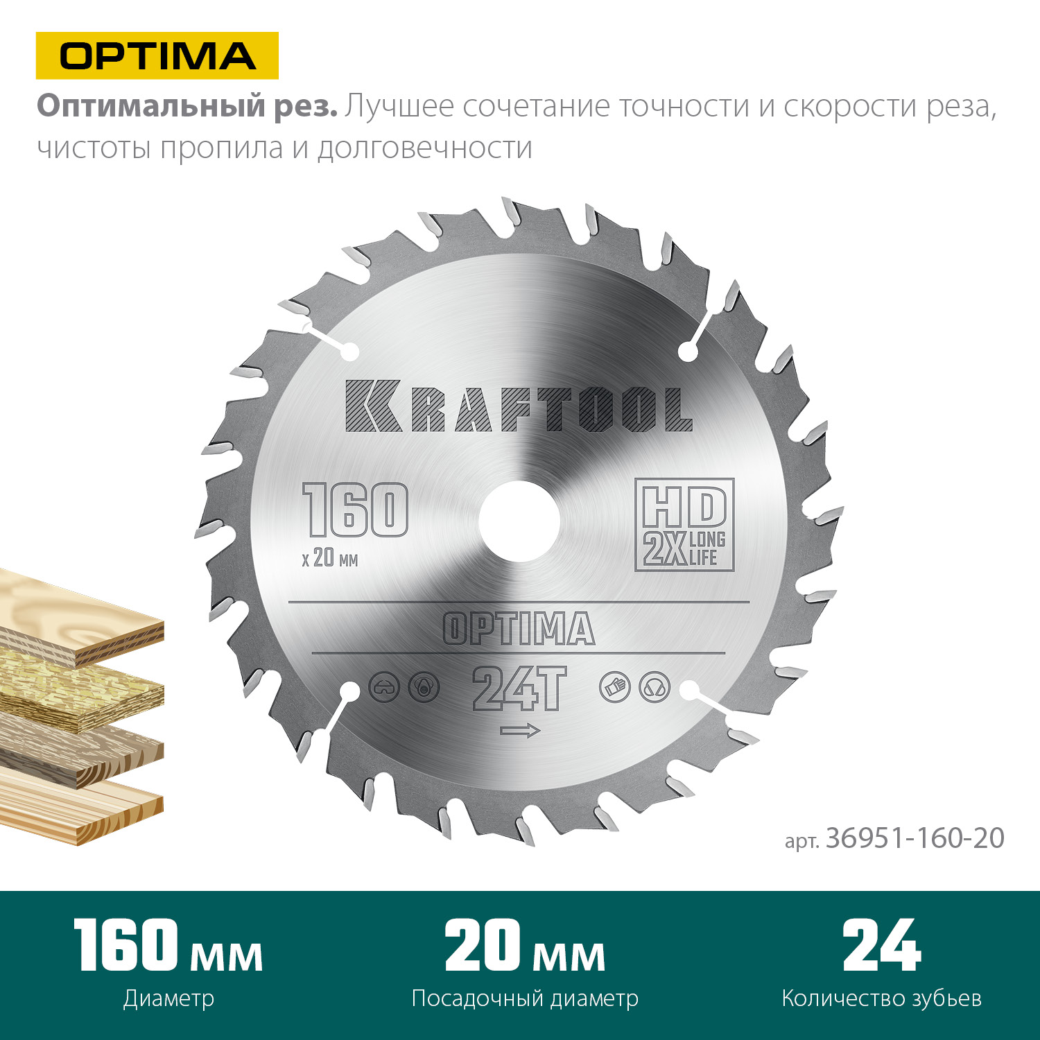 KRAFTOOL Optima, 160 х 20 мм, 24Т, пильный диск по дереву (36951-160-20) — фото 3