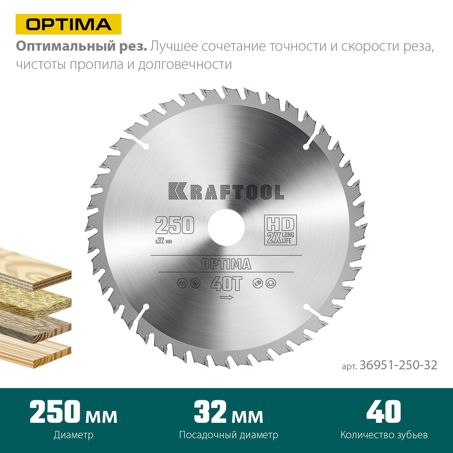 KRAFTOOL Optima, 250 х 32 мм, 40Т, пильный диск по дереву (36951-250-32) — фото 3