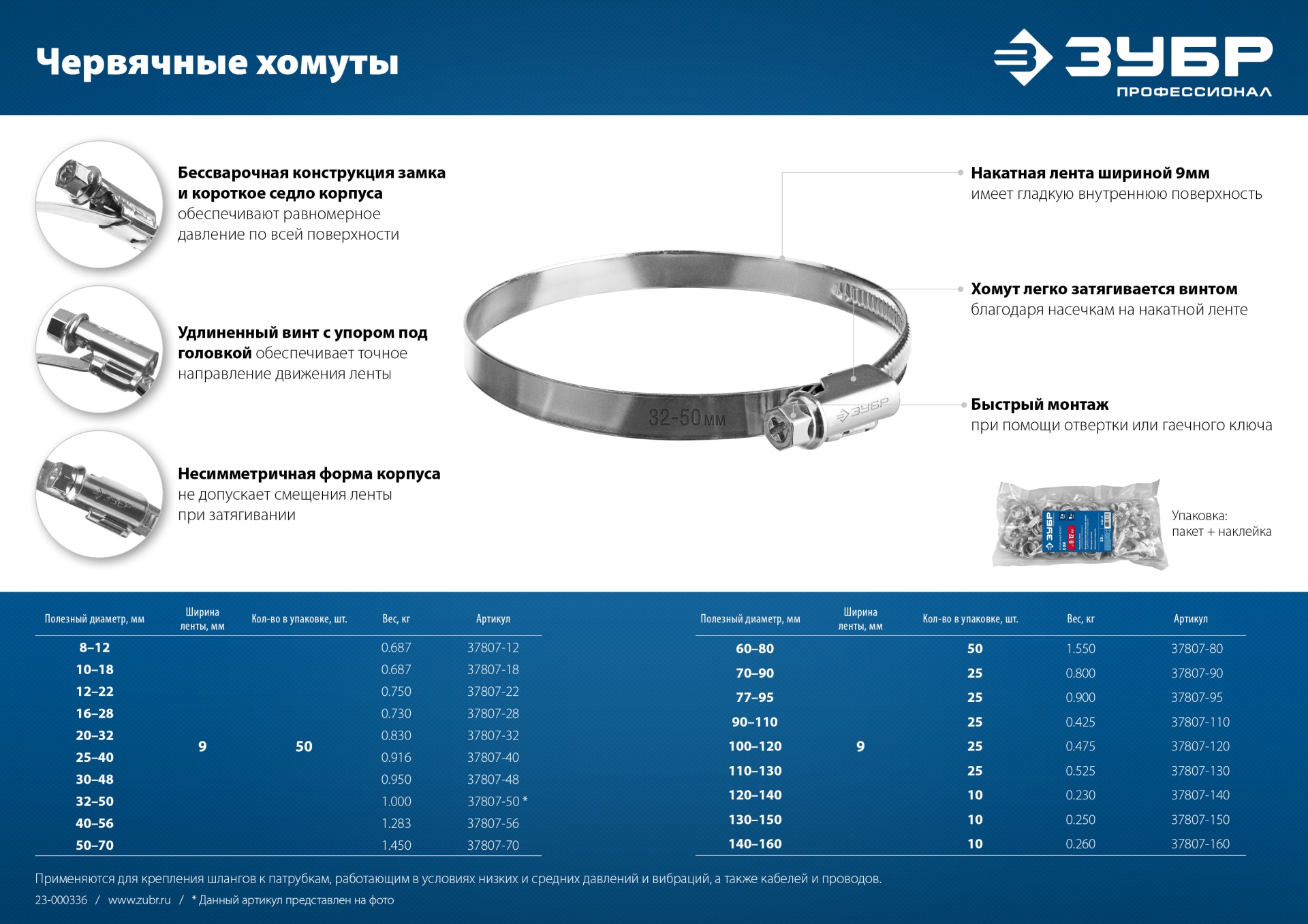 ЗУБР Х-9Н, 30 - 48 мм, накатная лента 9 мм, цинк, 50 шт, червячный хомут (37807-48) — фото 10
