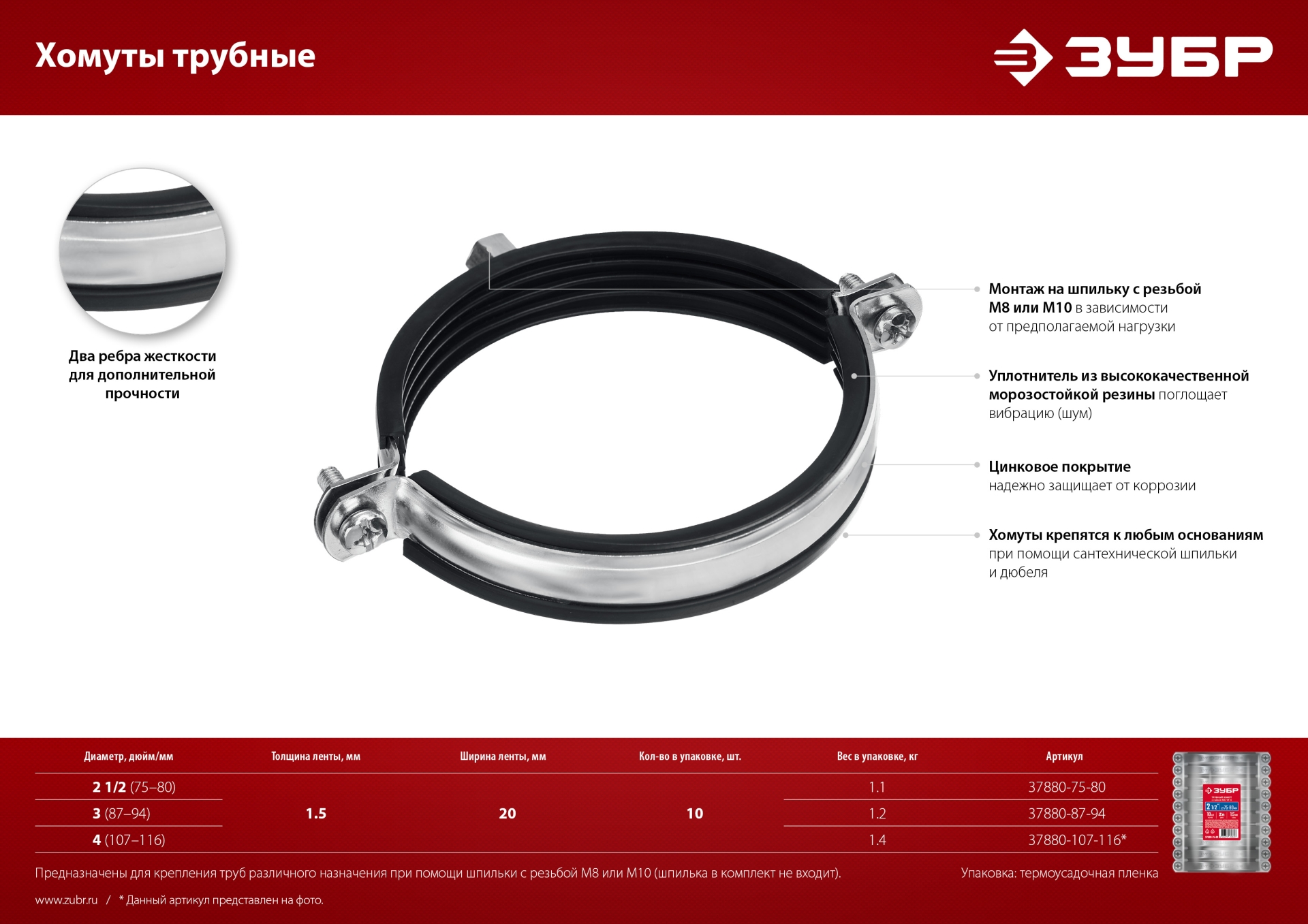 ЗУБР 2 1/2″, М8/М10, цинк, 10 шт, трубный хомут с гайкой (37880-75-80) — фото 6